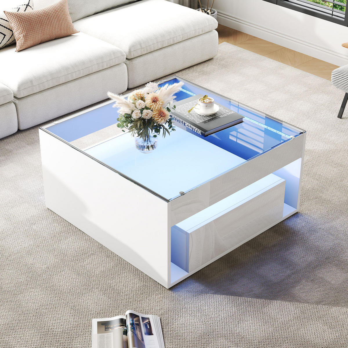 COUCHTISCH aus MDF und gehärtetem Glas 70x70x35 cm in Weiß mit LED & 2 Schubladen - Weiß, Holzwerkstoff (70/70/35cm) - Modfu