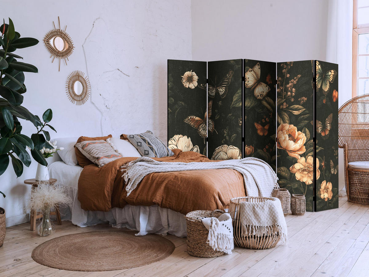 PARAVÁN Obojstranný 5-dielny 225x172 cm Motýle A Kvety - viacfarebná, drevo/textil (225/172/3cm) - Muralo