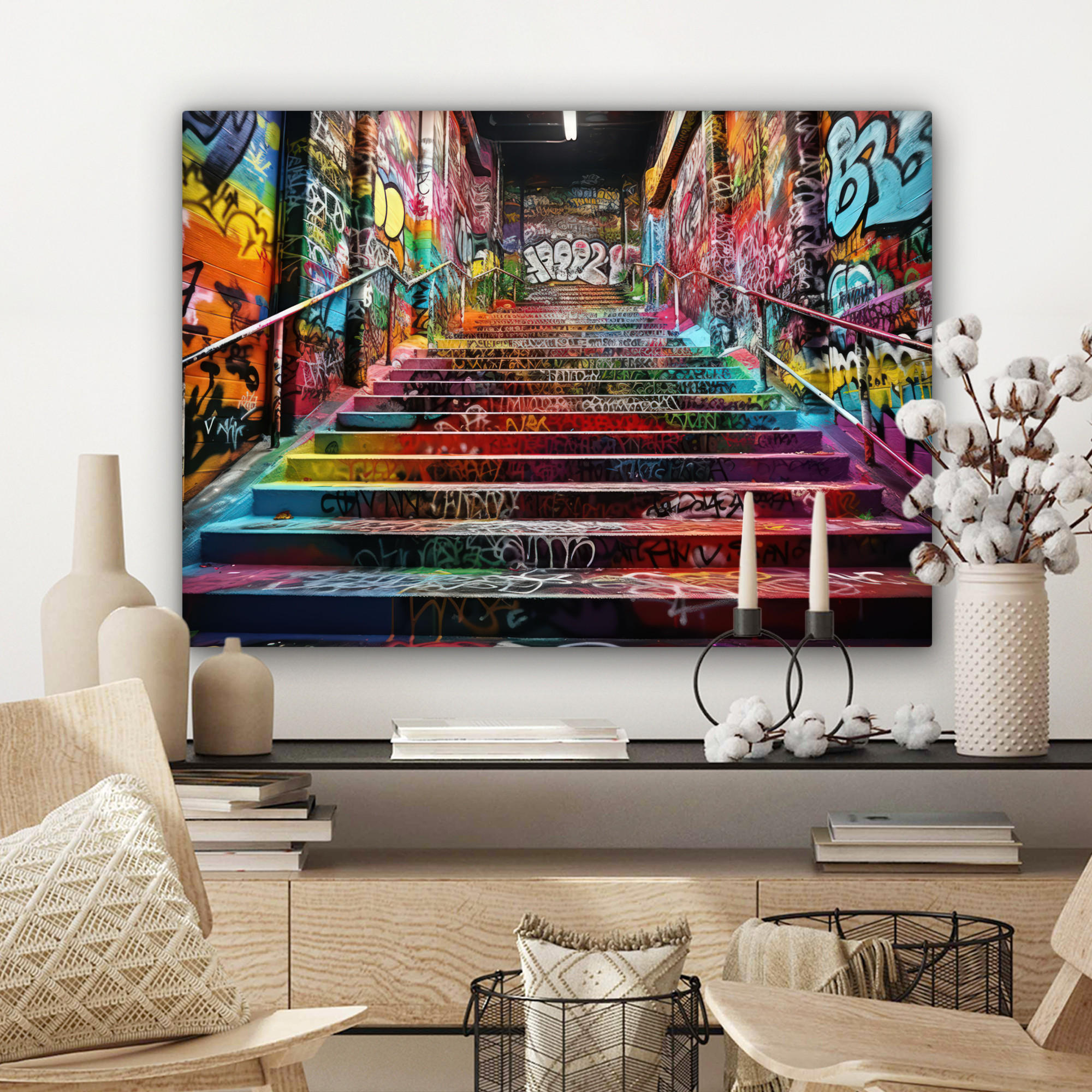 LEINWANDBILD Treppe - Graffiti - Farben - Kunst Wandbilder 80x60 cm - Multicolor, Textil (80/60cm) - MuchoWow