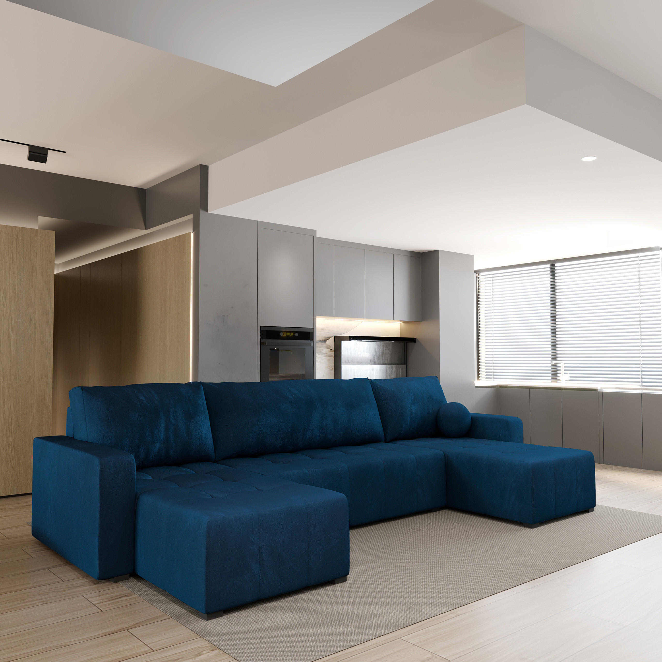 WOHNLANDSCHAFT TOLARI Blau Plüsch-Stoff mit Schlaffunktion - Blau, Holz (295/85/140cm) - MASSENO