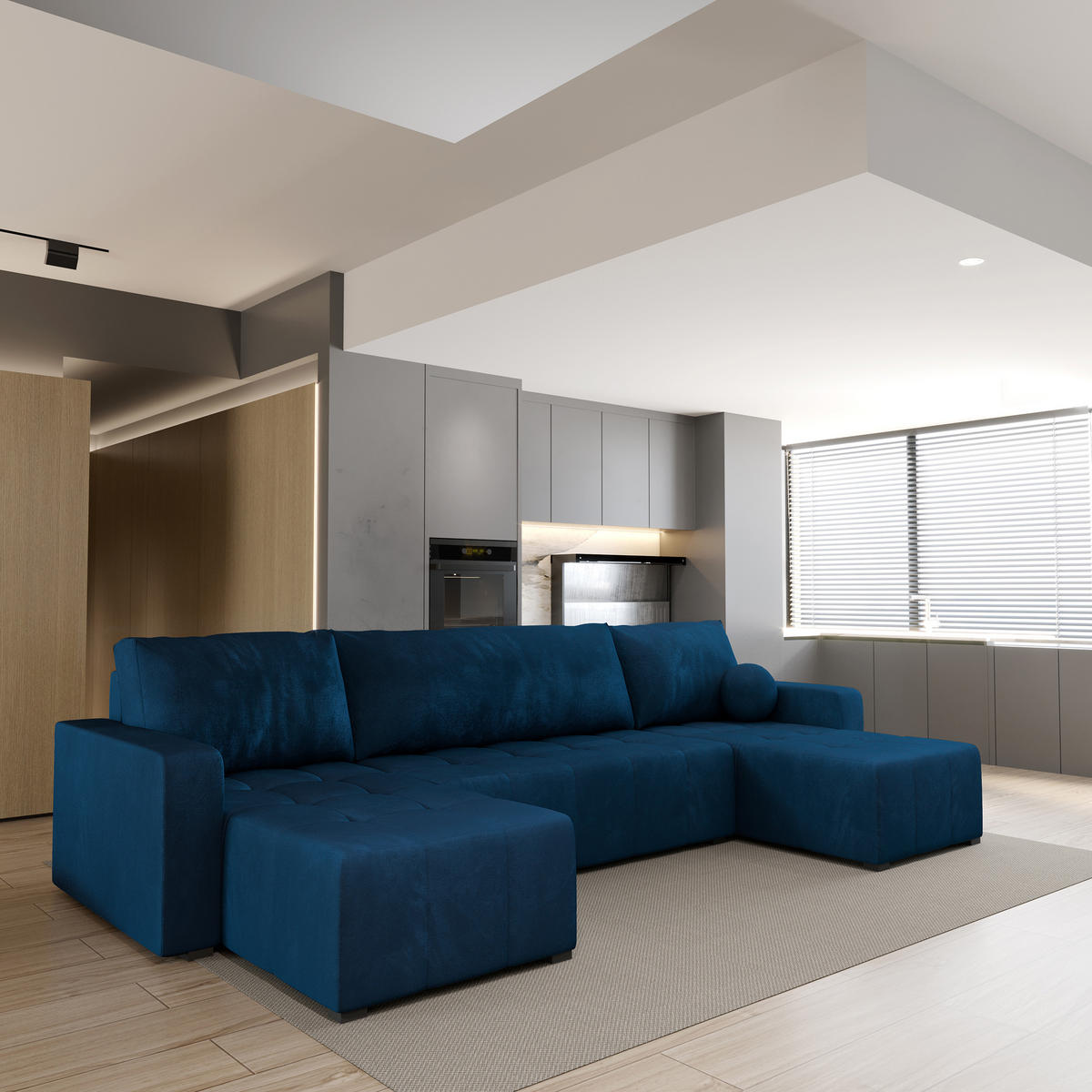 WOHNLANDSCHAFT TOLARI Blau Plüsch-Stoff mit Schlaffunktion - Blau, Holz (295/85/140cm) - MASSENO