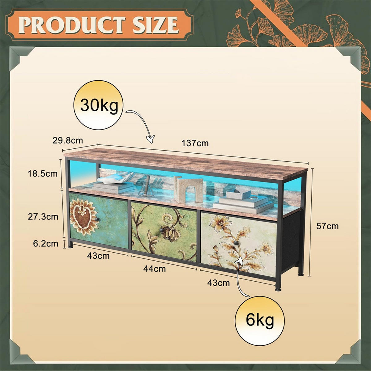 TV-LOWBOARD 137x29.8x57 cm - TV-Schrank mit LED-Beleuchtung und bunten Stoffschubladen - Mehrfarbig - Multicolor, Holzwerkstoff (29.8/57/137cm) - DELFA