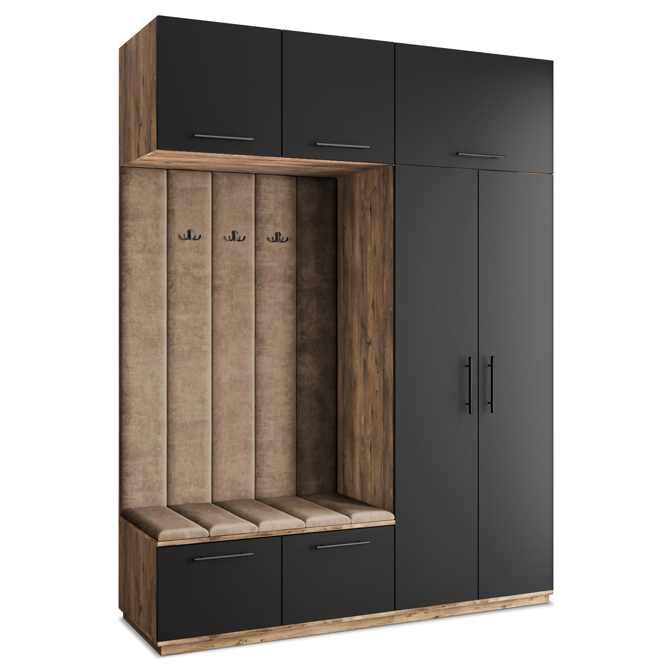Masseno Garderobenschrank Eiche, Schwarz, Mokka 180x240x60 cm