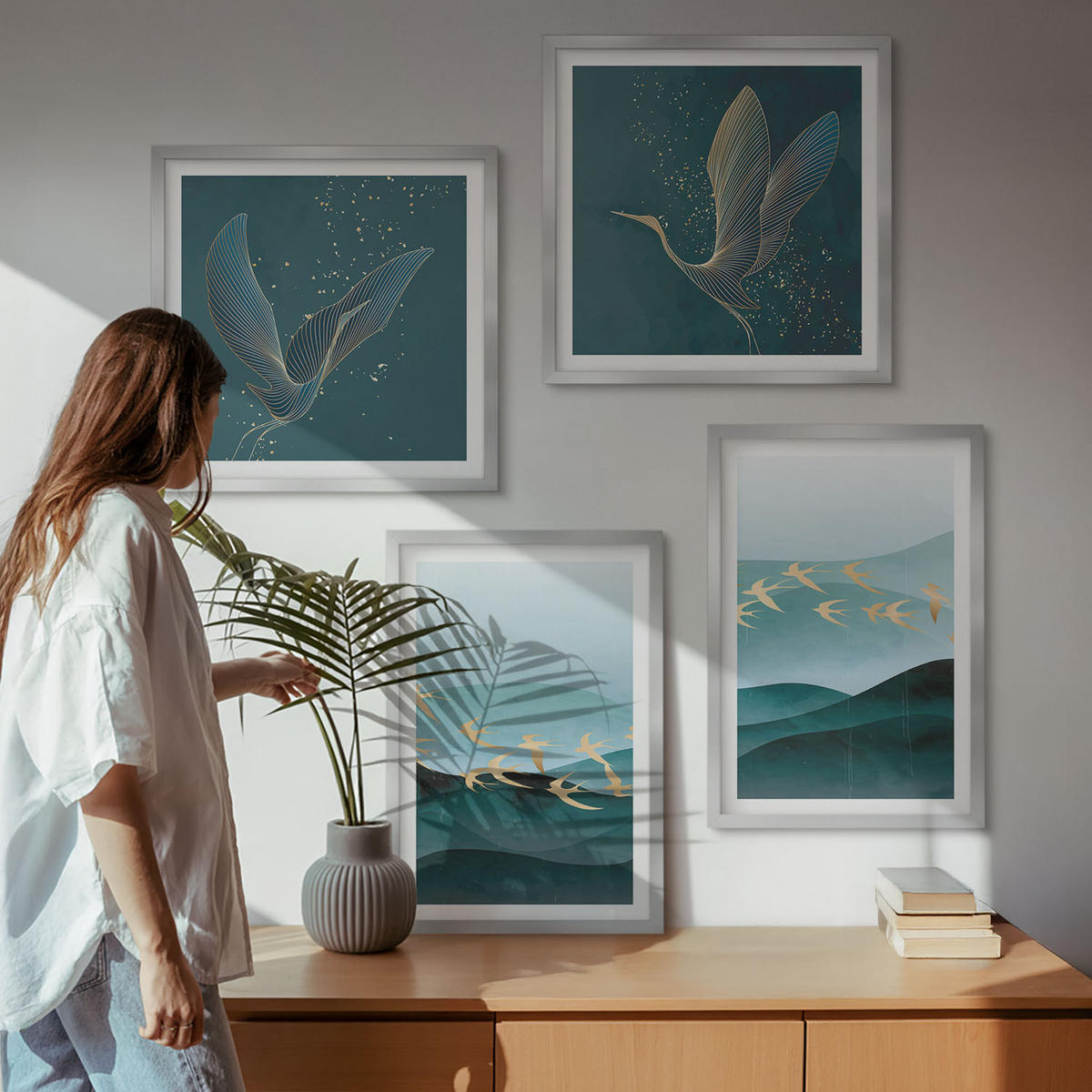 BILDER SET 4er Set - 50x50 cm & 40x60 cm Silberner Rahmen - Abstrakte Landschaften von Vogelwellen - Silberfarben, Kunststoff (50/50cm) - TULUP