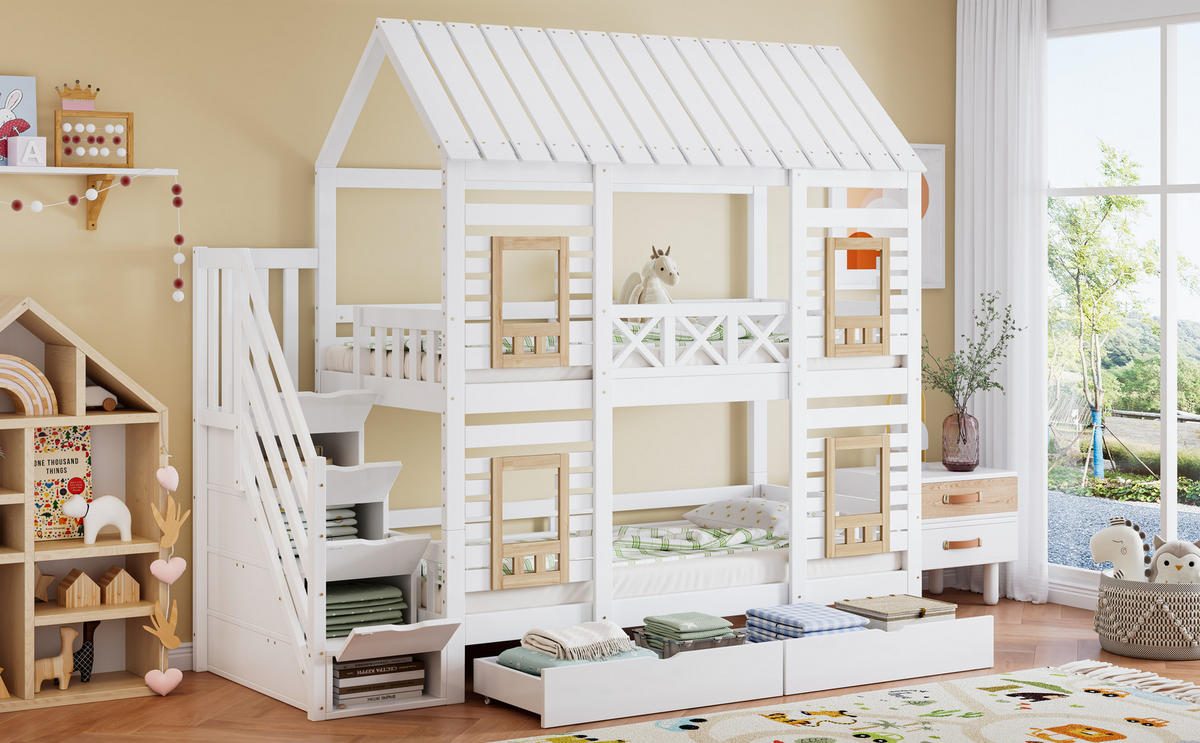 ETAGENBETT 90x200 cm Treppe Schubladen weiß - Weiß, Holz (90/200cm) - LEBENLANG