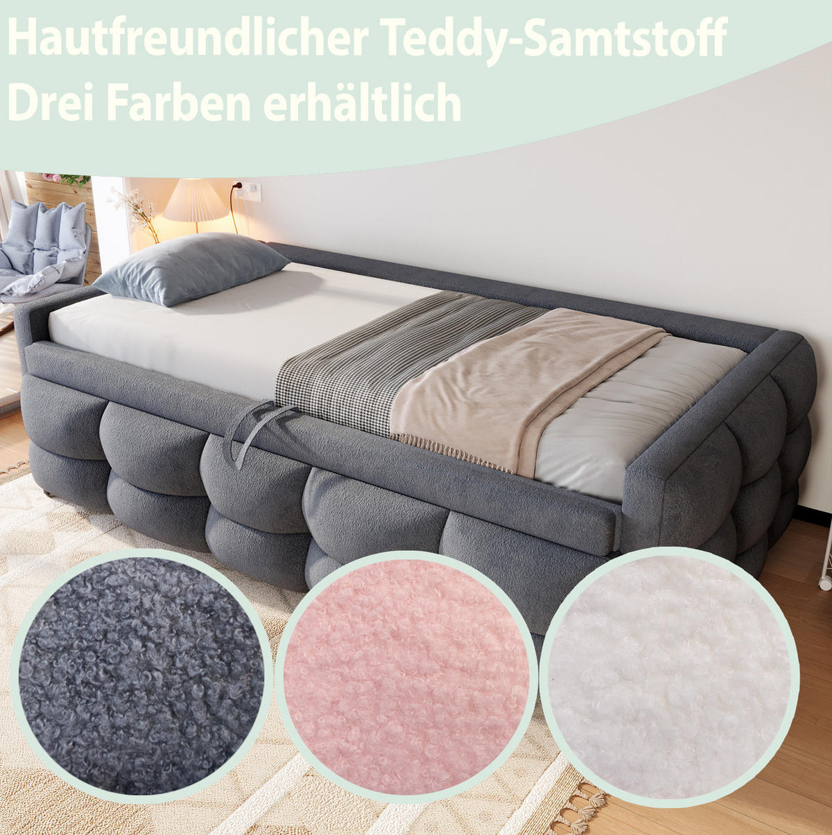 ČALÚNENÁ posteľ z teddy látky 90x190 cm sivá rozkladacia s lamelovým roštom a úložným riešením - sivá, textil (90/190cm) - Modfu