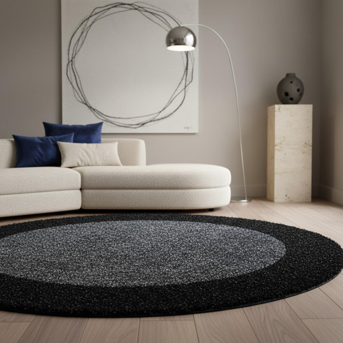 TEPPICH Hochflor einfarbig mit Bordüre Polypropylen Wohnzimmer Anthrazit Rund 120x120 - Anthrazit, Textil (120/120cm) - KADIMA DESIGN