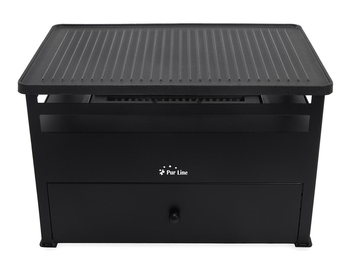 BIOETHANOL-GRILL Schwarz inklusive 1.5 L-Tank mit Gusseisen-Plancha - Schwarz, Metall (48/29/33cm) - Purline