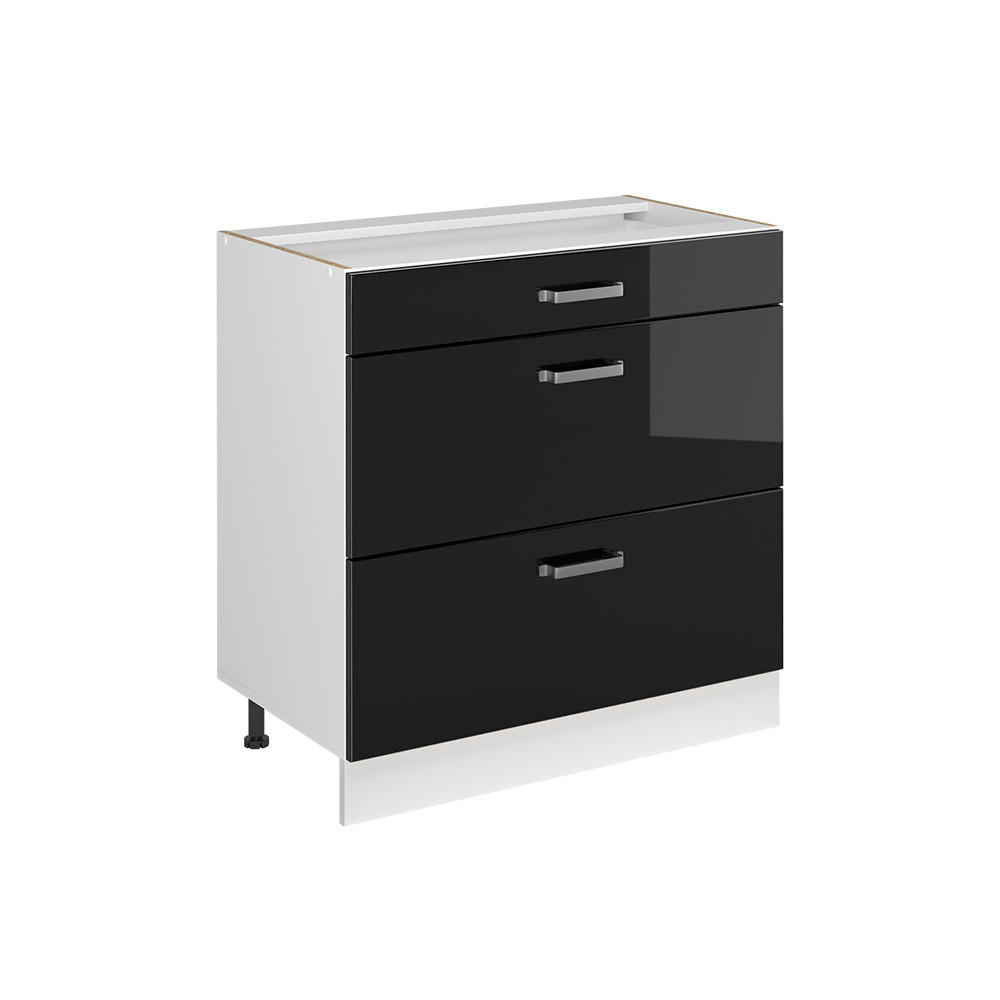 KÜCHENUNTERSCHRANK R-Line, Schwarz Hochglanz/Weiß, 80 cm mit 3 Schubladen ohne Arbeitsplatte - Schwarz Hochglanz/Weiß, Holzwerkstoff (80/81.6/46cm) - Vicco