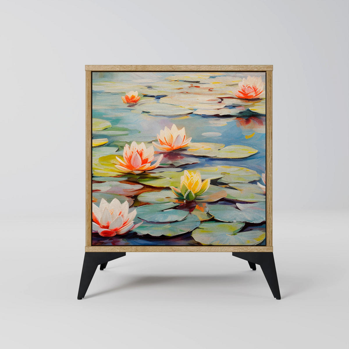 SIDEBOARD BLOOMING WATERS, Eichefarben, 57,5x42x72,5 cm, Schwarze Metallfüße - Eichefarben/Multicolor, Holzwerkstoff/Metall (57.5/72.5/42cm) - SpaceRebels