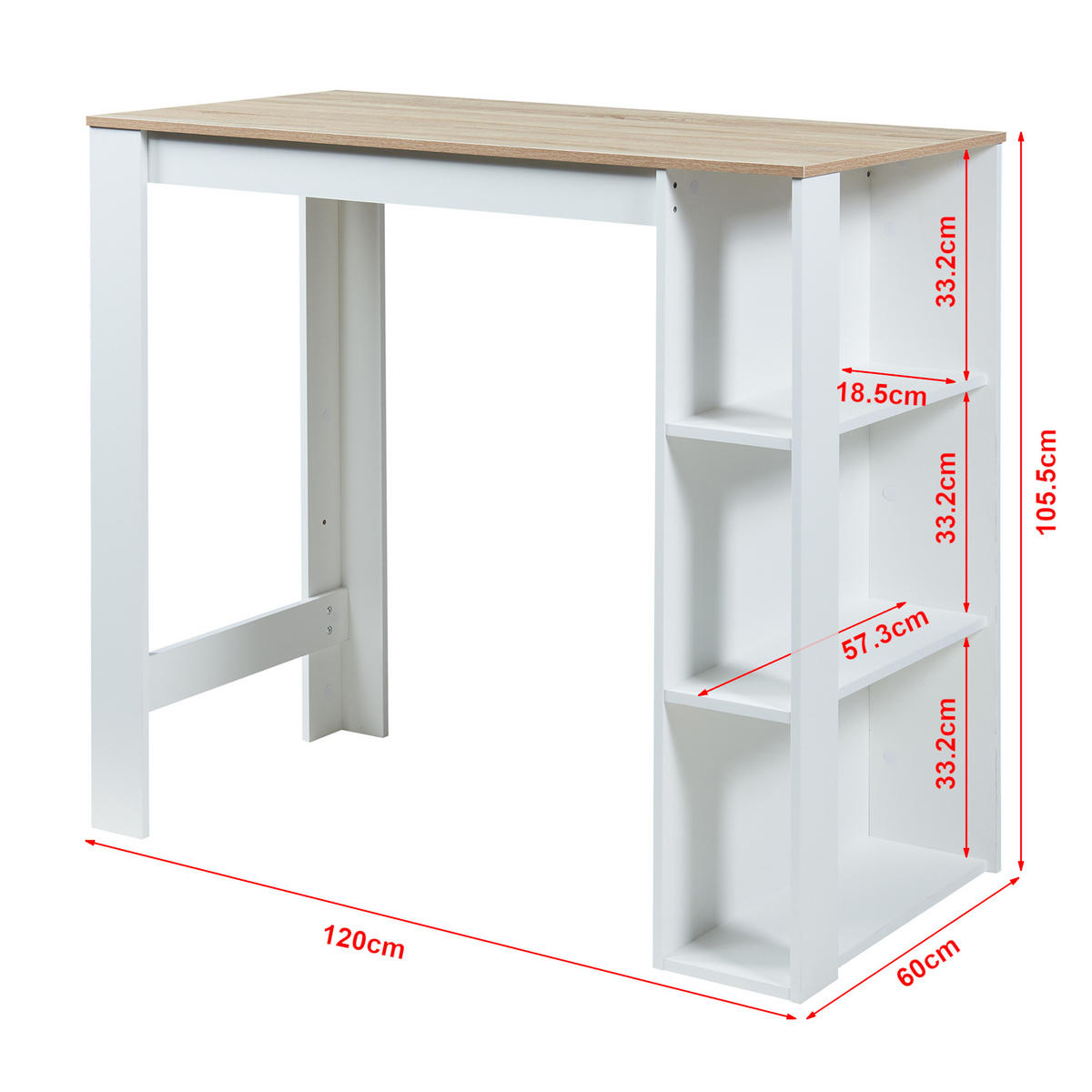 BAROVÝ STŮL Danderyd - bílá/barva dubu, kompozitní dřevo (60/120/105.5cm) - [en.casa]
