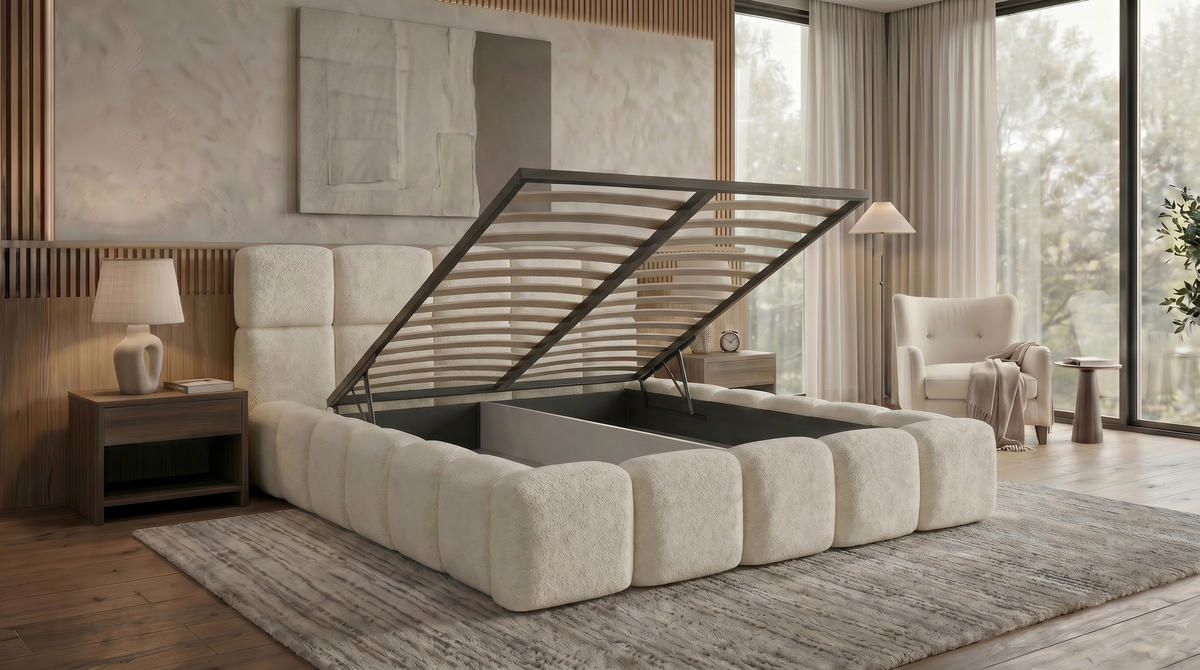 POLSTERBETT LOMBA 180x200 cm mit Bettkasten und Metall-Lattenrost – Bouclé Stoff Coral Creme - Creme, Textil (180/200cm) - Luxkor24