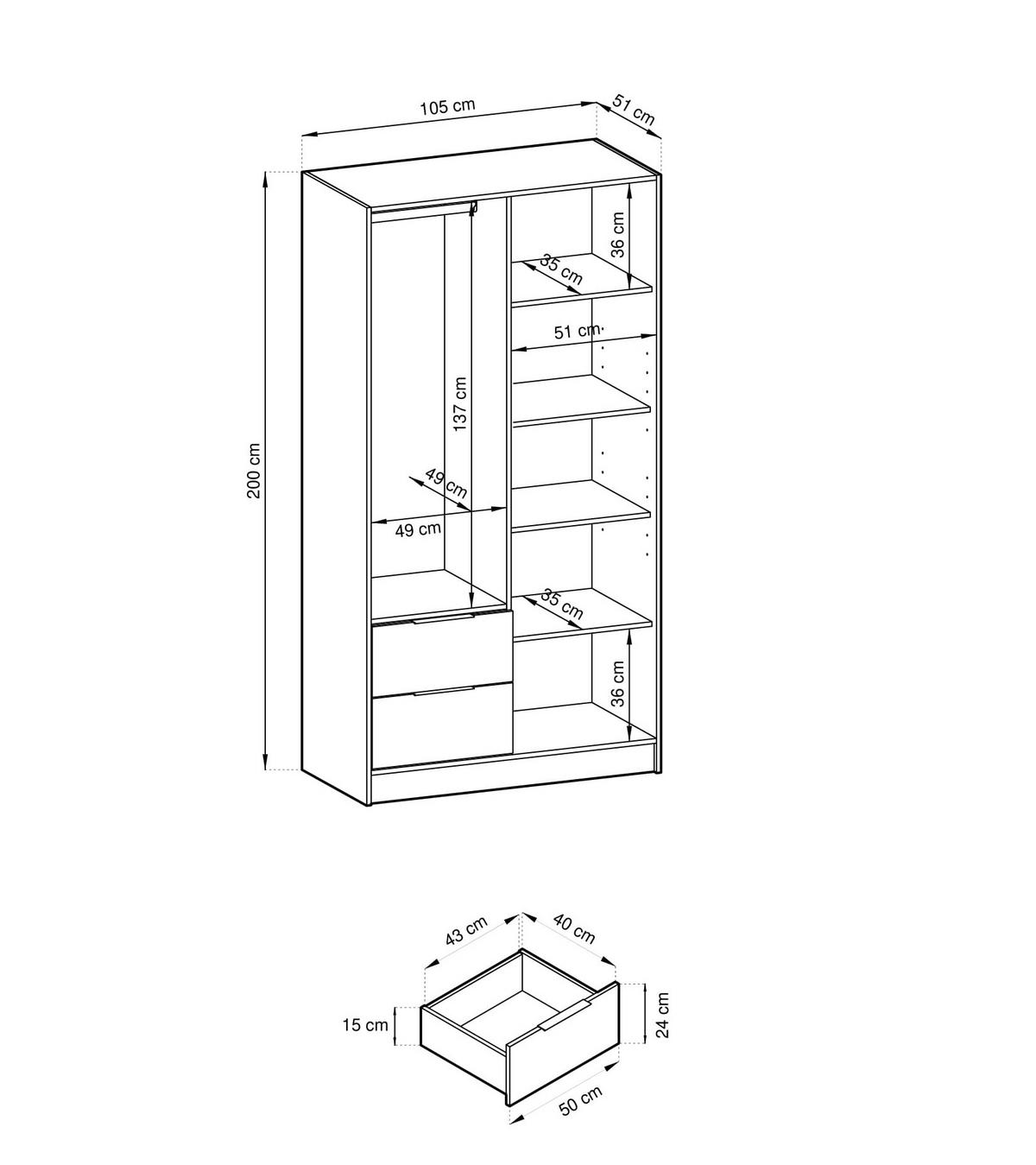 KLEIDERSCHRANK Nelly Grau, Artisan Eiche Lamellen, Schrank Zweitürige, Garderobe mit Spiegel - Grau, Holzwerkstoff (105/200/51cm) - Bettso