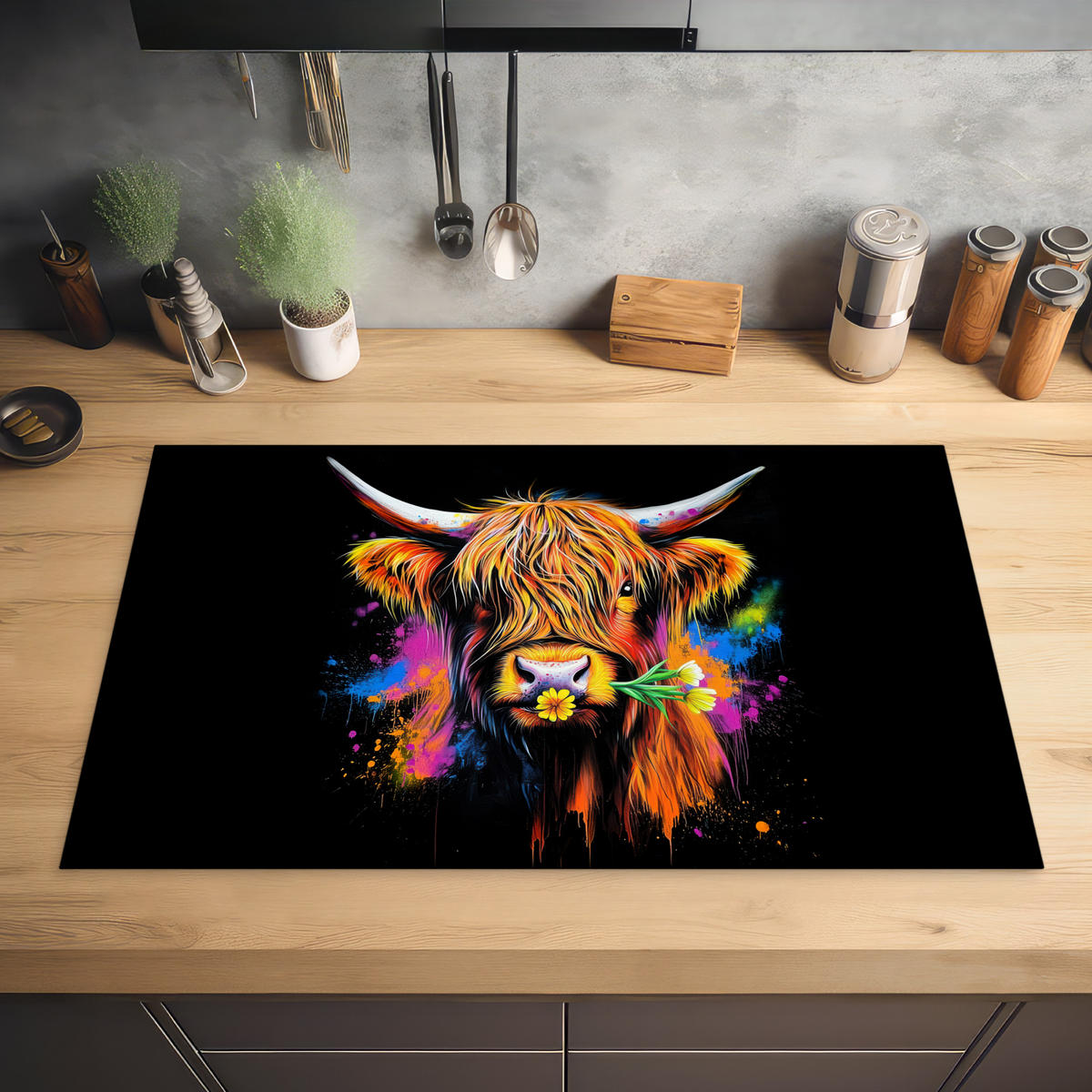 HERDABDECKPLATTE Schottischer Highlander - Graffiti - Bunt - Blume - Tiere Ceranfeldabdeckung 85x52 cm - Multicolor, Kunststoff (85/52/0.2cm) - MuchoWow