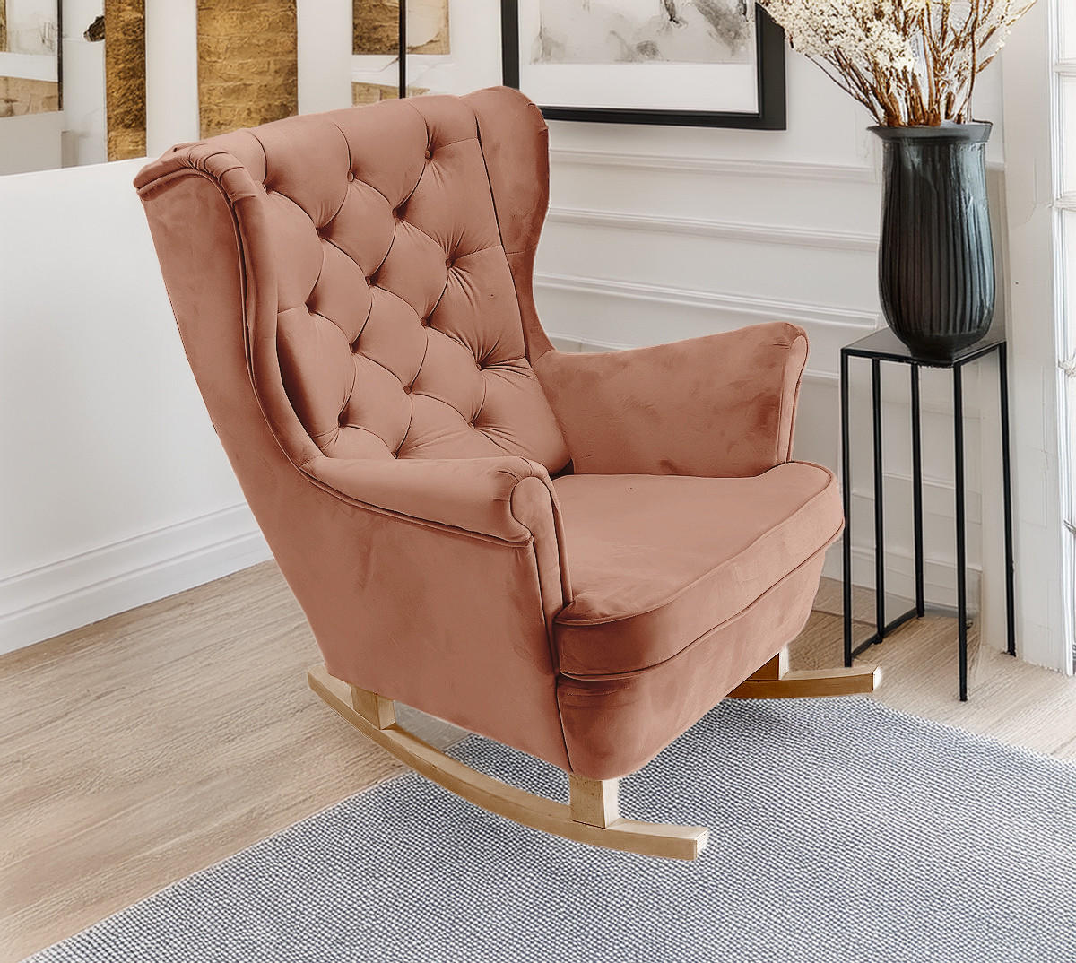 SCHAUKELSESSEL mit gepolstertem Sitz und Armlehnen, 102x81x95 cm, Powder Pink_29831 - Buchefarben/Roségold, Holz/Textil (81/102/95cm) - DomoHome