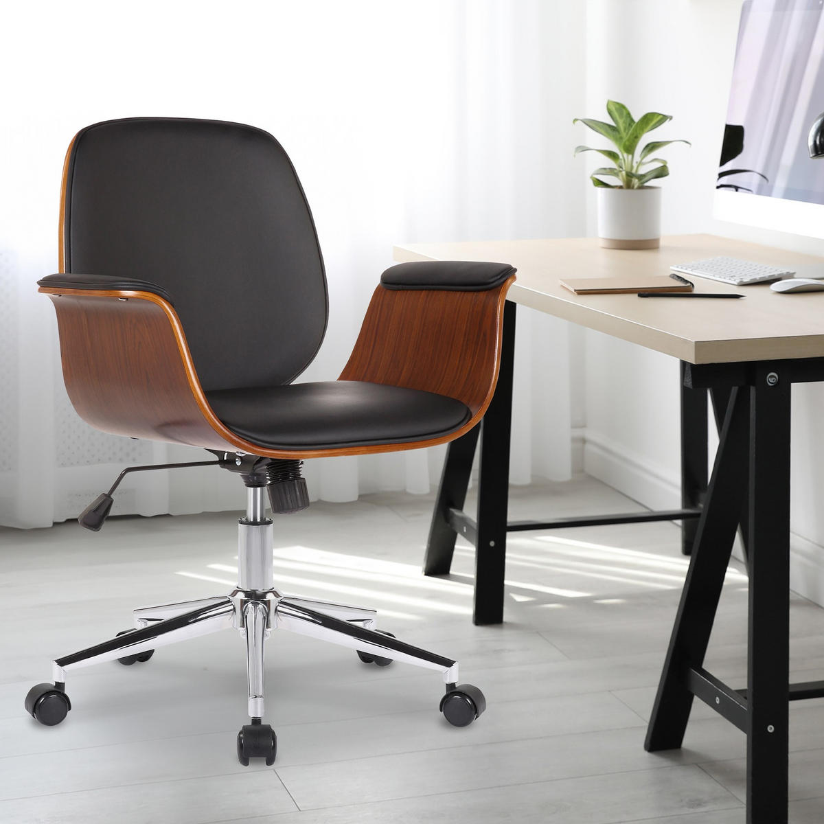 DREHSTUHL Holz walnuss/schwarz - Chromfarben/Walnussfarben, Holz/Textil (69/82/62cm) - CLP