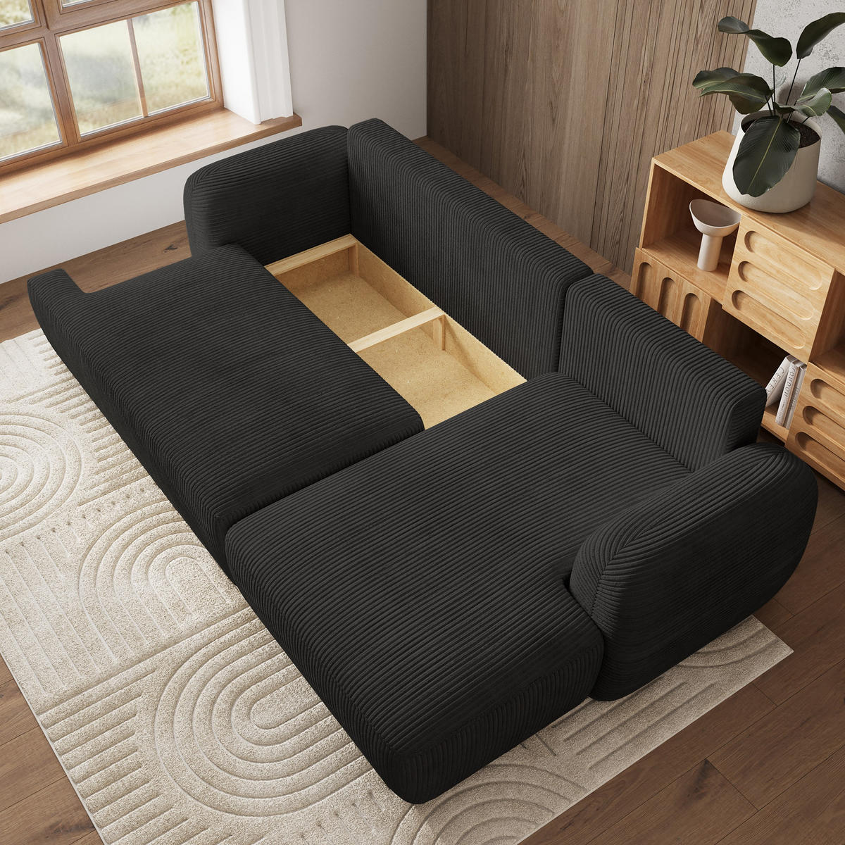 ECKSOFA MODENZA P R-S Schwarz Kordstoff mit Schlaffunktion - Schwarz, Holz (266/148cm) - MASSENO