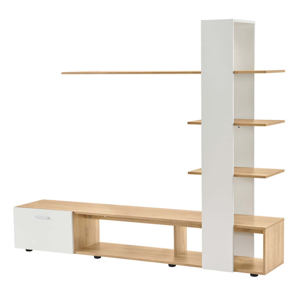 TV-WANDSCHRANK aus Spanplatte 180x33,5x151,5 cm Weiß/Holzfarben mit Stauraum, Tür und Regalen für TV bis 60 Zoll - Weiß, Holzwerkstoff (180/151.5/33.5cm) - Modfu