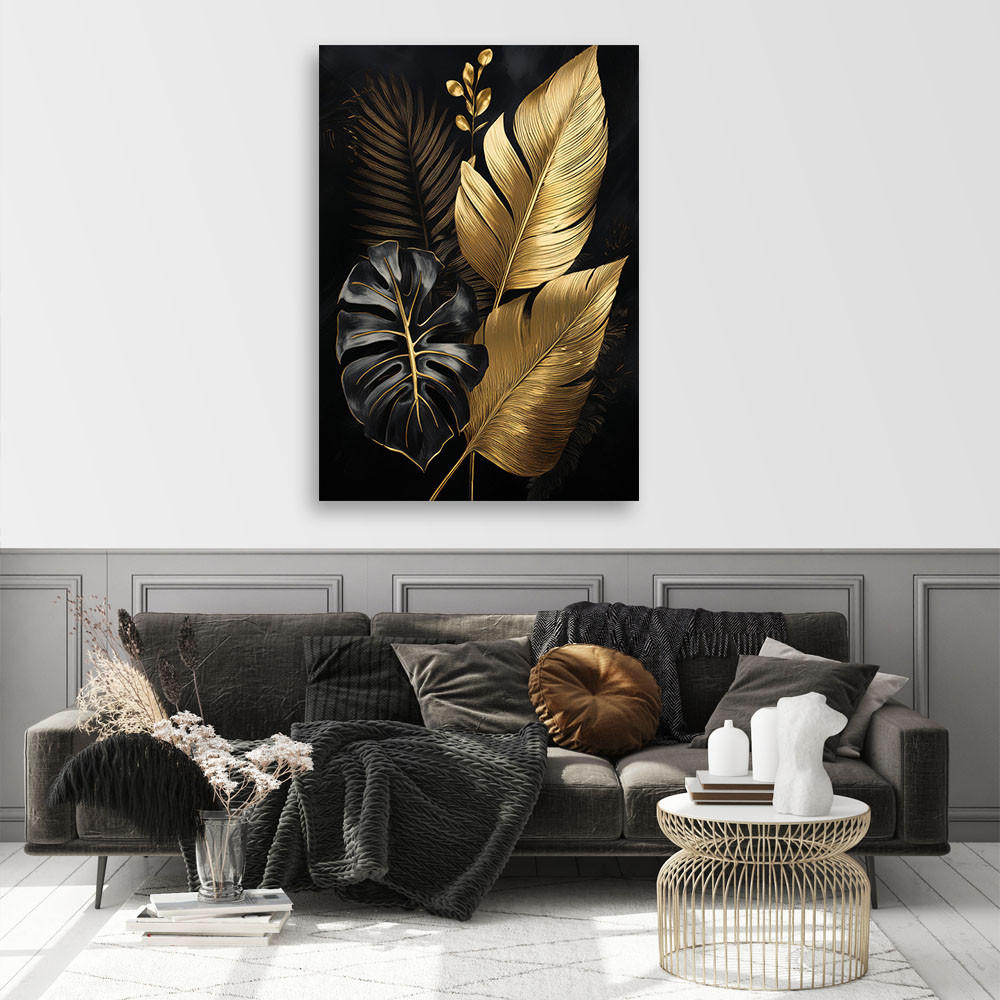 LEINWANDBILD Monstera Palmenblätter in Gold 80x120cm - Goldfarben, Textil (80/120cm) - Feeby
