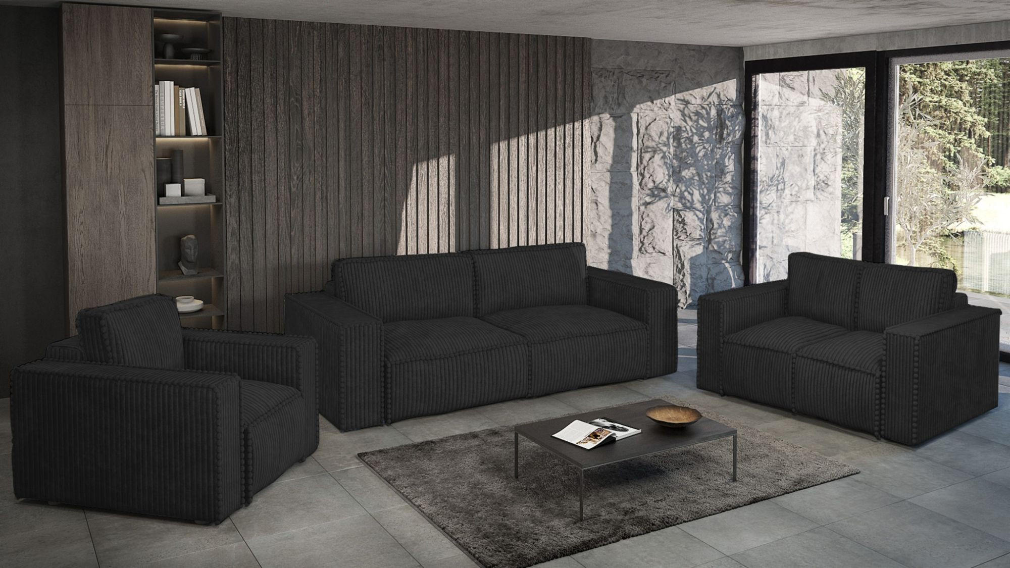 SOFASET Vajana 3-2-1 - Schwarz, Holzwerkstoff/Textil (240/86/102cm) - Fun Möbel