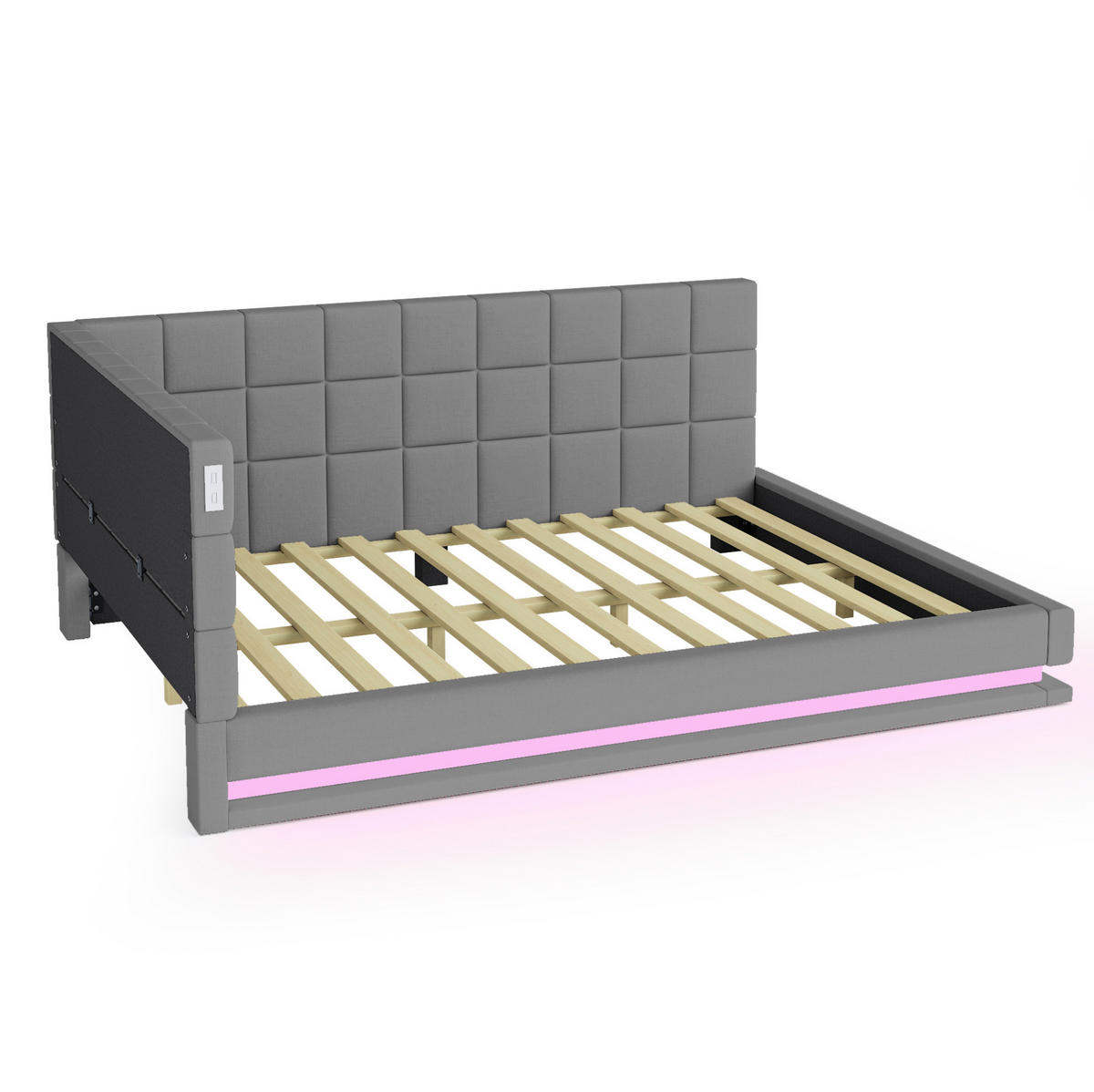 POLSTERBETT 140/200 cm aus Leinen mit LED-Lichtleiste, USB-Steckdose und Lattenrost Grau - Grau, Textil (140/200cm) - Modenvie