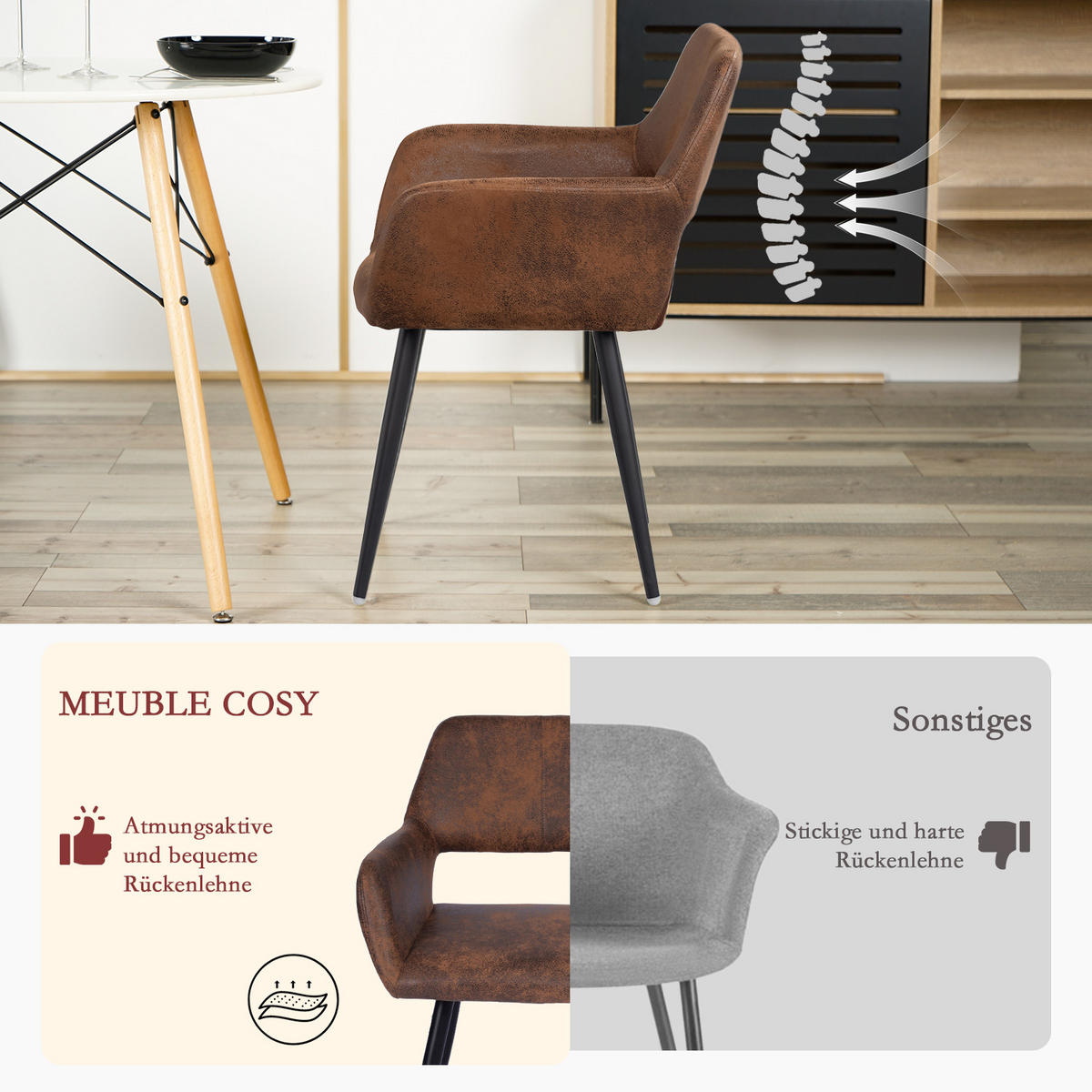 ESSZIMMERSTÜHLE 6er-Set, Vintage-Sessel, gepolstert, Sitzfläche in Wildlederoptik - Braun, Textil/Metall (56/78/56cm) - Meubles Cosy