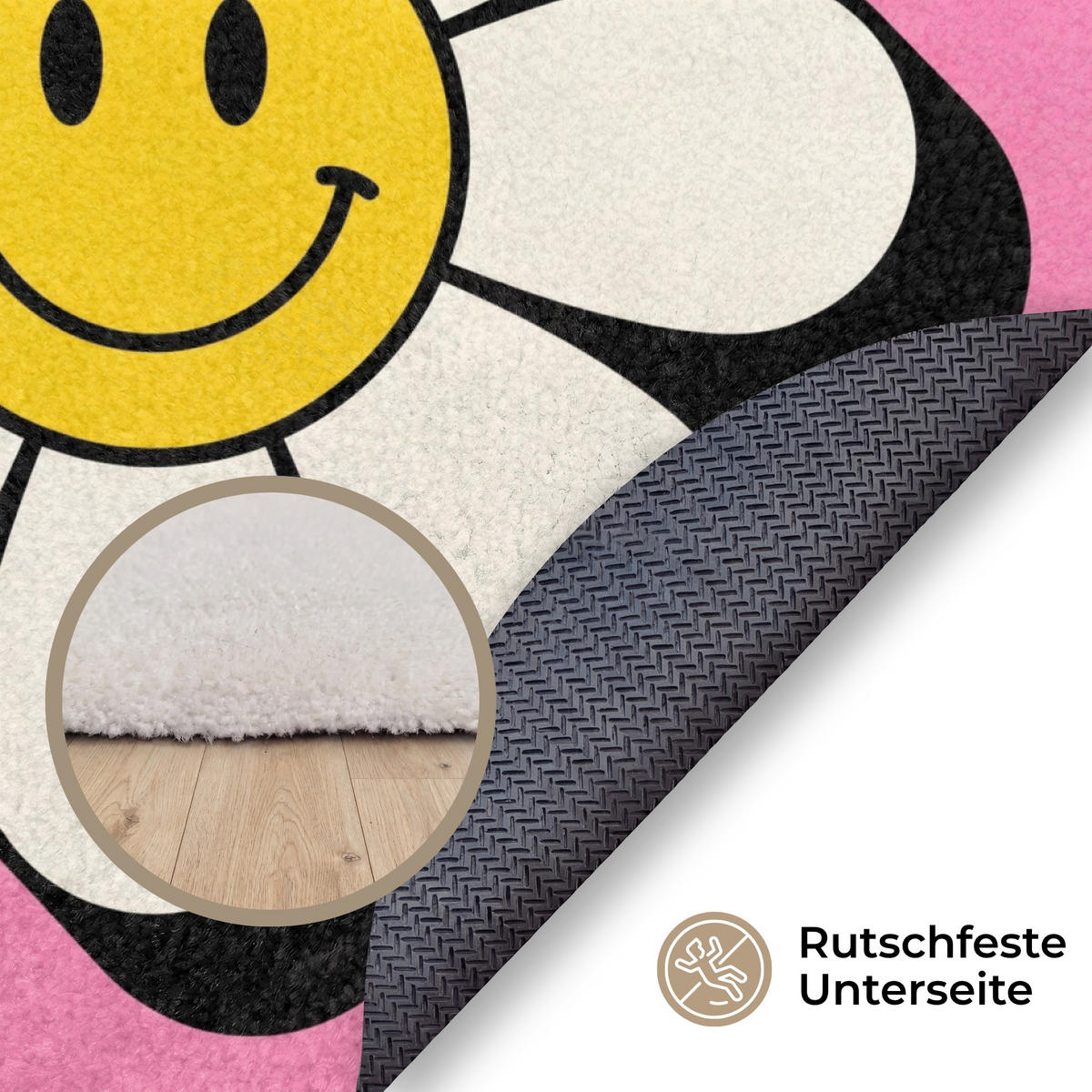 TEPPICH - Smiley - Blume - Rosa - 150x150 cm - Pink, Kunststoff/Textil (150/0.4cm) - OnlyWow