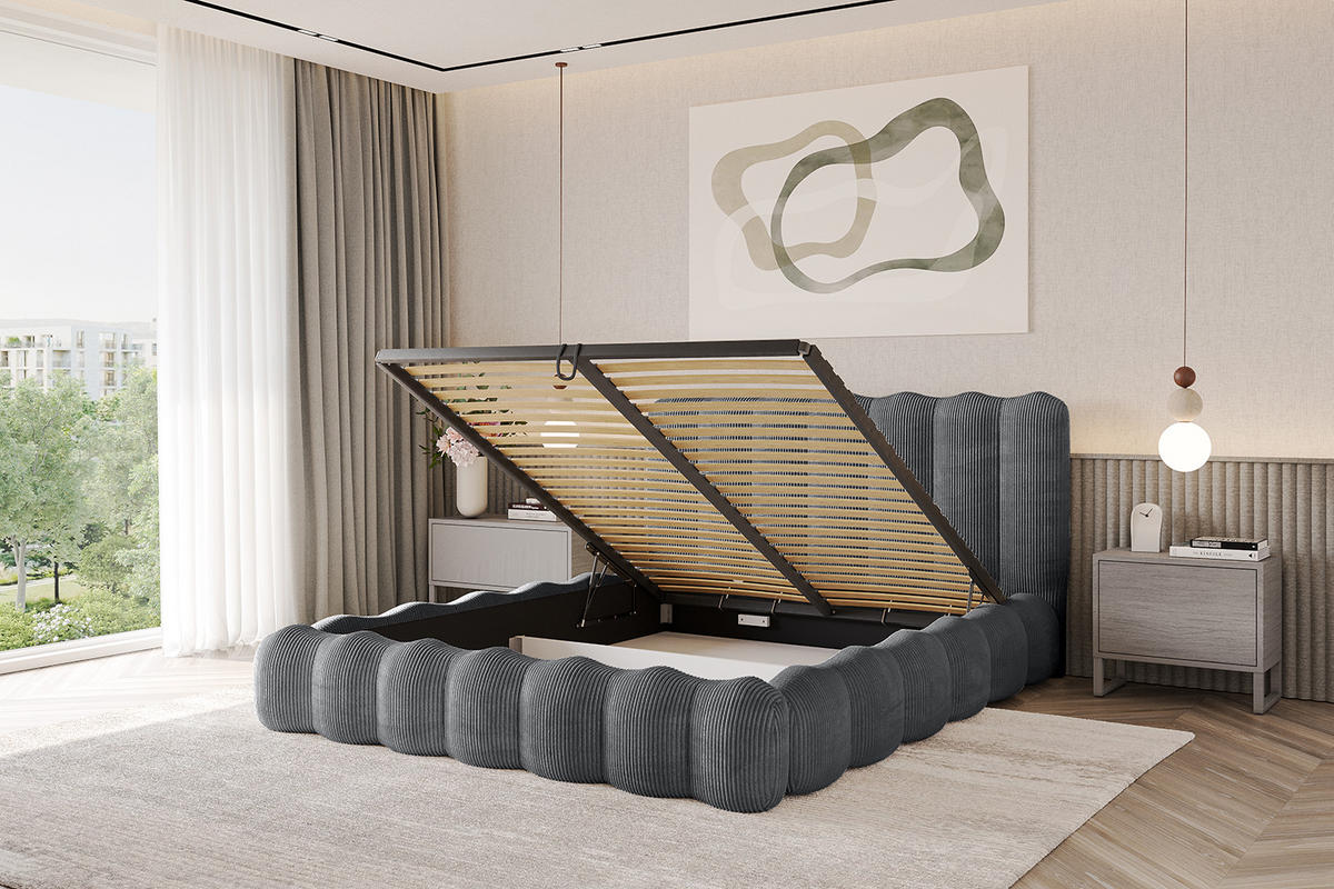 POLSTERBETT mit Bettkasten und Lattenrost, Bett mit Matratze H3/H4 - SORA 180x200 Dunkelgrau - Anthrazit, Holzwerkstoff/Textil (180/200cm) - ALTDECOR