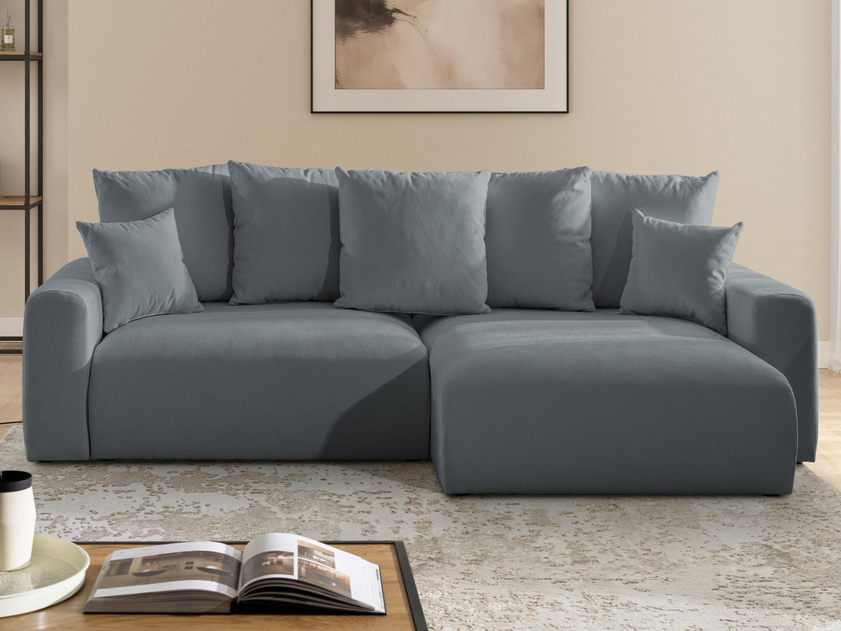 ECKSOFA Calma mit Schlaffunktion und Bettkasten im Bumpy-Design aus weichem Dunkelgrau Webstoff - Ottomane rechts - Dunkelgrau/Schwarz, Holz/Kunststoff (140/239cm) - S-Style