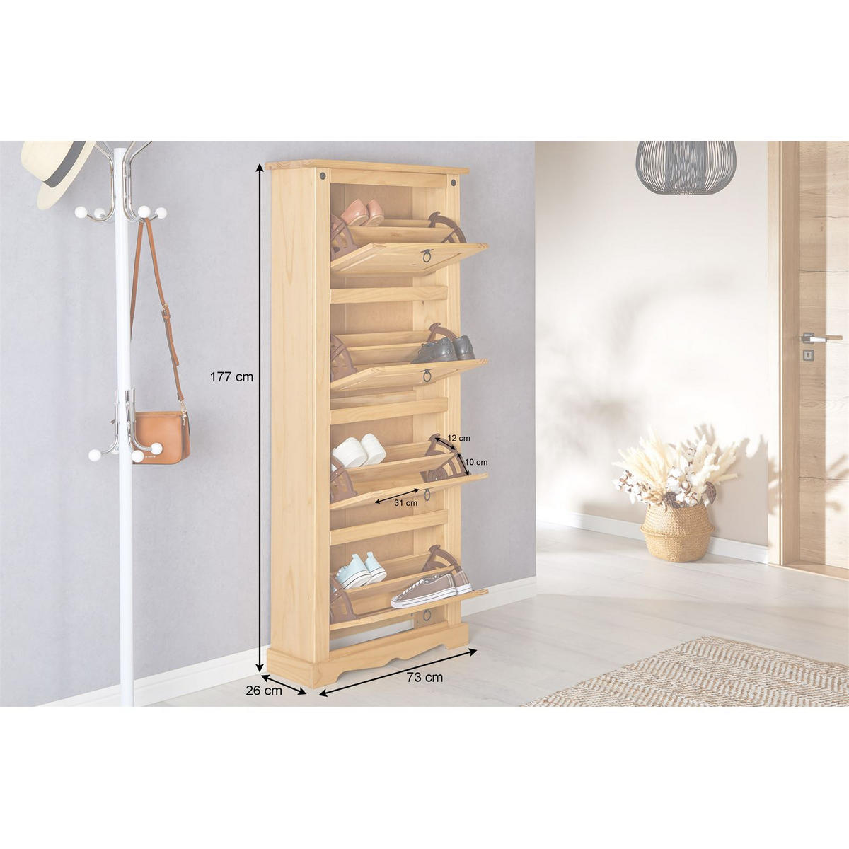 SCHUHSCHRANK TEQUILA - Kieferfarben, Holz (73/177/26cm) - IDIMEX