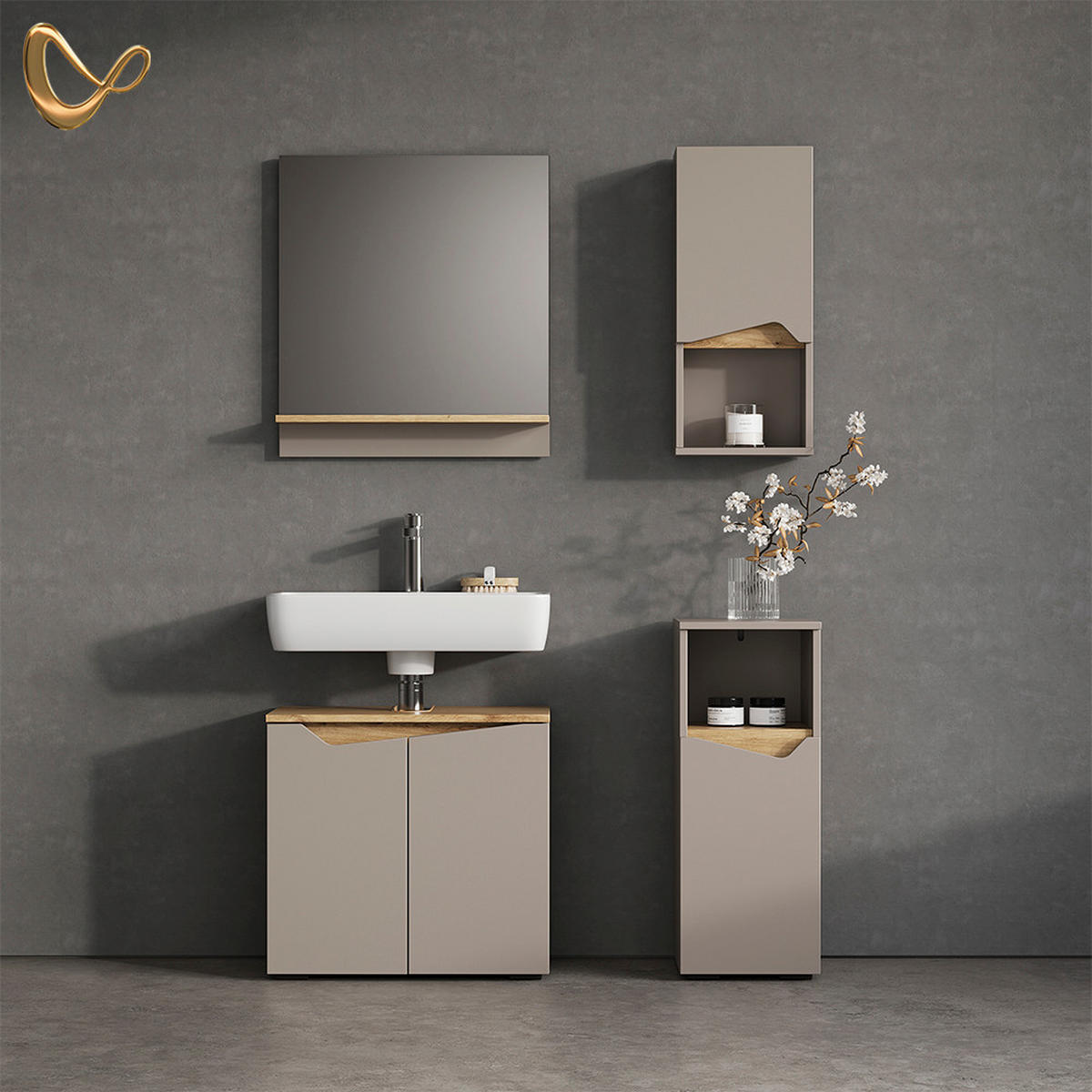 BADSCHRANK Timavo Greige 30 x 67 cm mit Tür und offenem Fach - Greige, Holzwerkstoff (30/67/17cm) - Livinity®