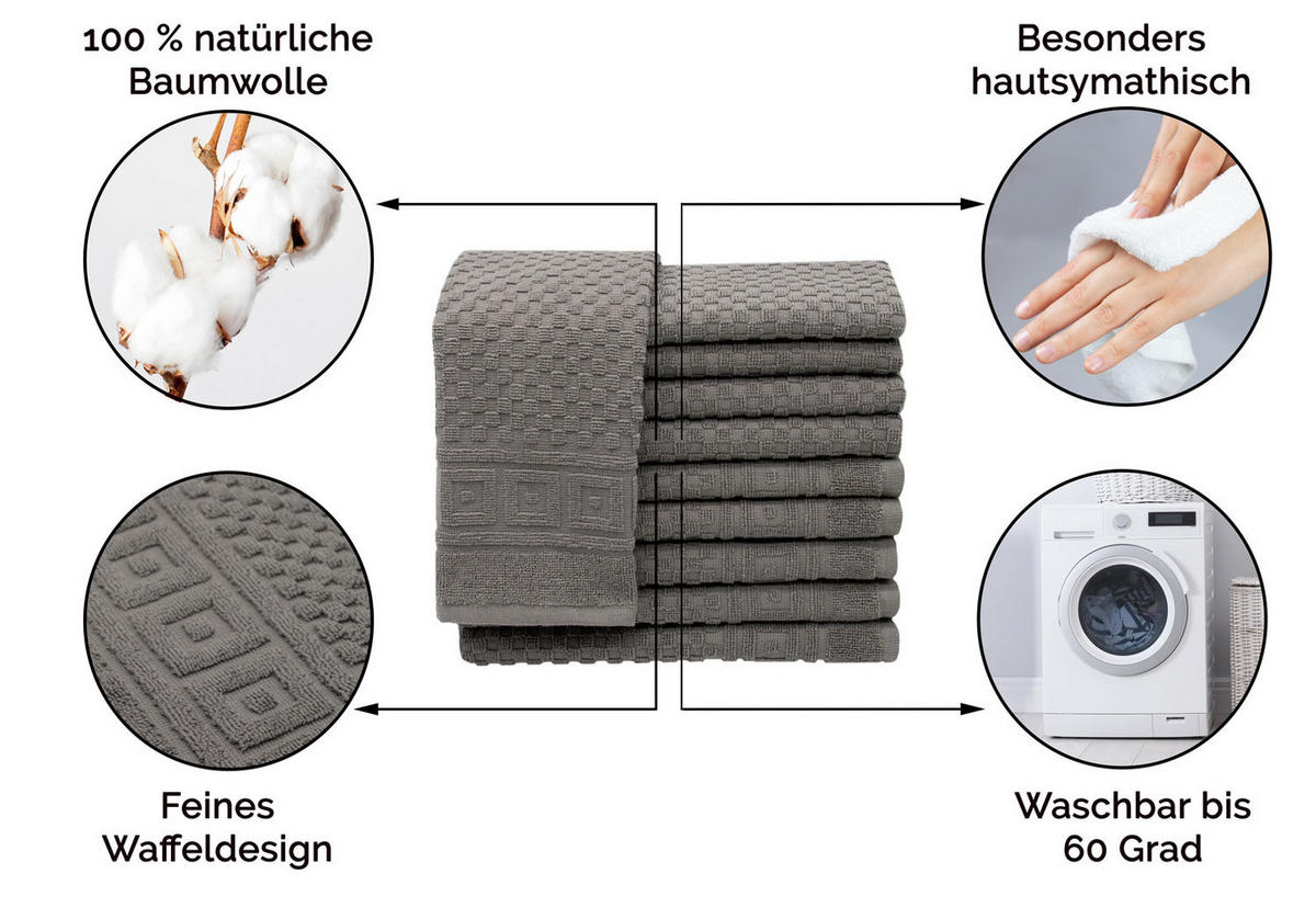 GÄSTETÜCHER, 10er-Set, 30x50 cm, 100% Baumwolle, Grau - Anthrazit, Textil (30/50cm) - Zollner
