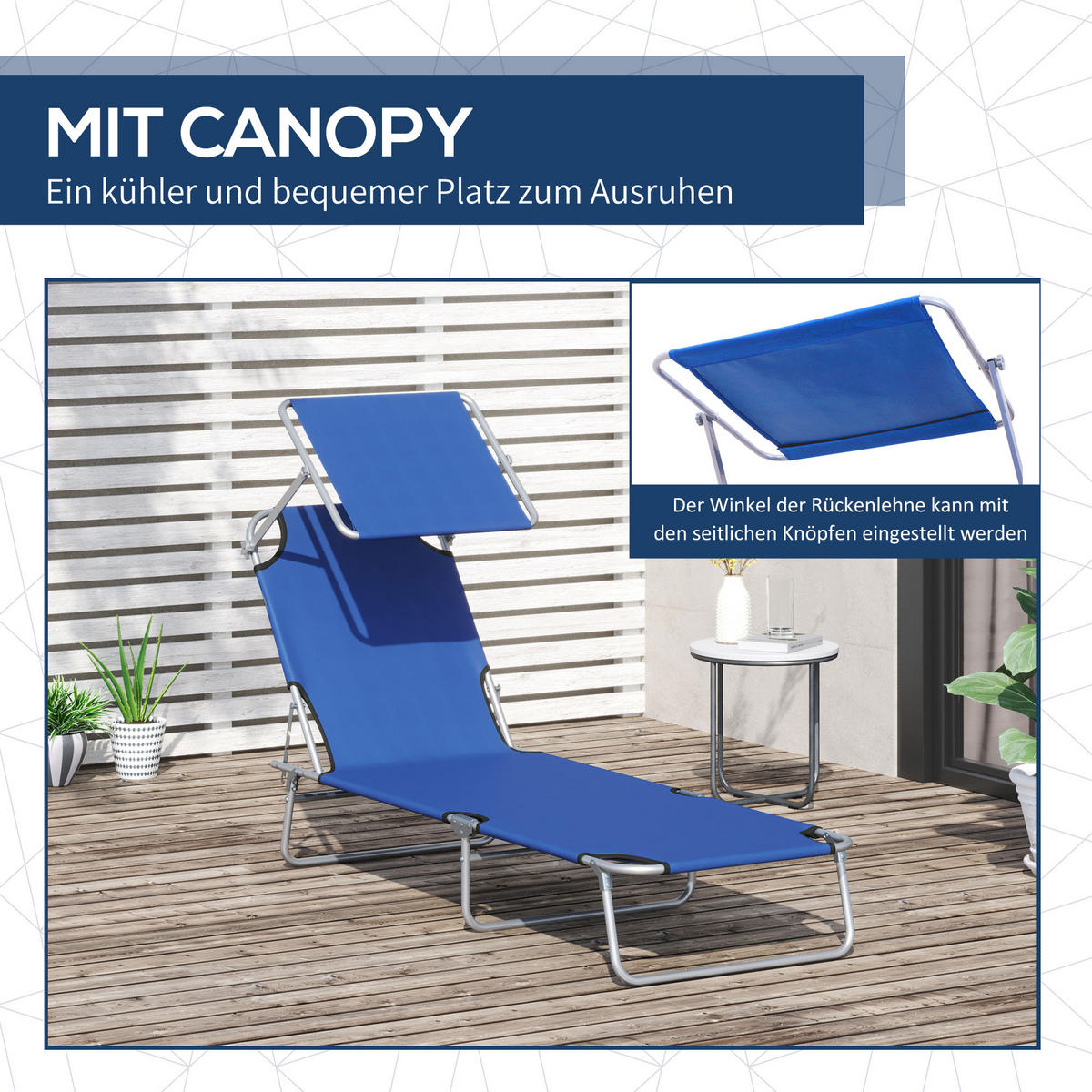SONNENLIEGE DE-07704 klappbar, mit Sonnenschutz, verstellbare Rückenlehne Blau - Blau, Metall (58/36/187cm) - ComfortXL