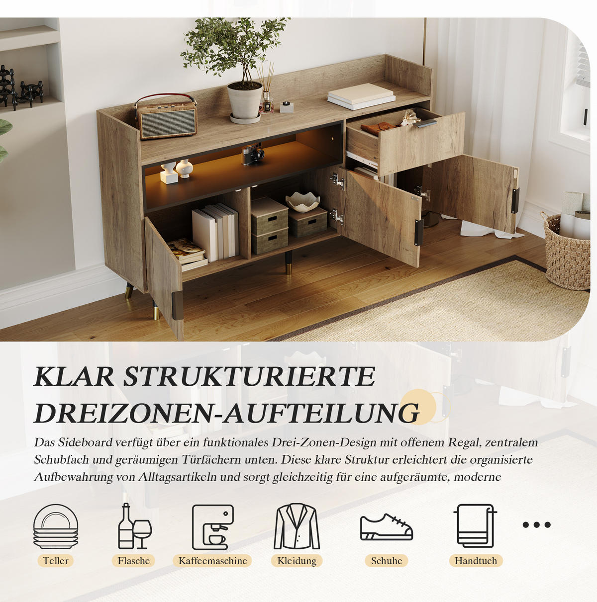 SIDEBOARD 160/35/82 cm mit offenem Regal, Schublade, Türen und LED-Beleuchtung aus Holzwerkstoff, Natur/Schwarz - Naturfarben, Holzwerkstoff (160/82/35cm) - Redom