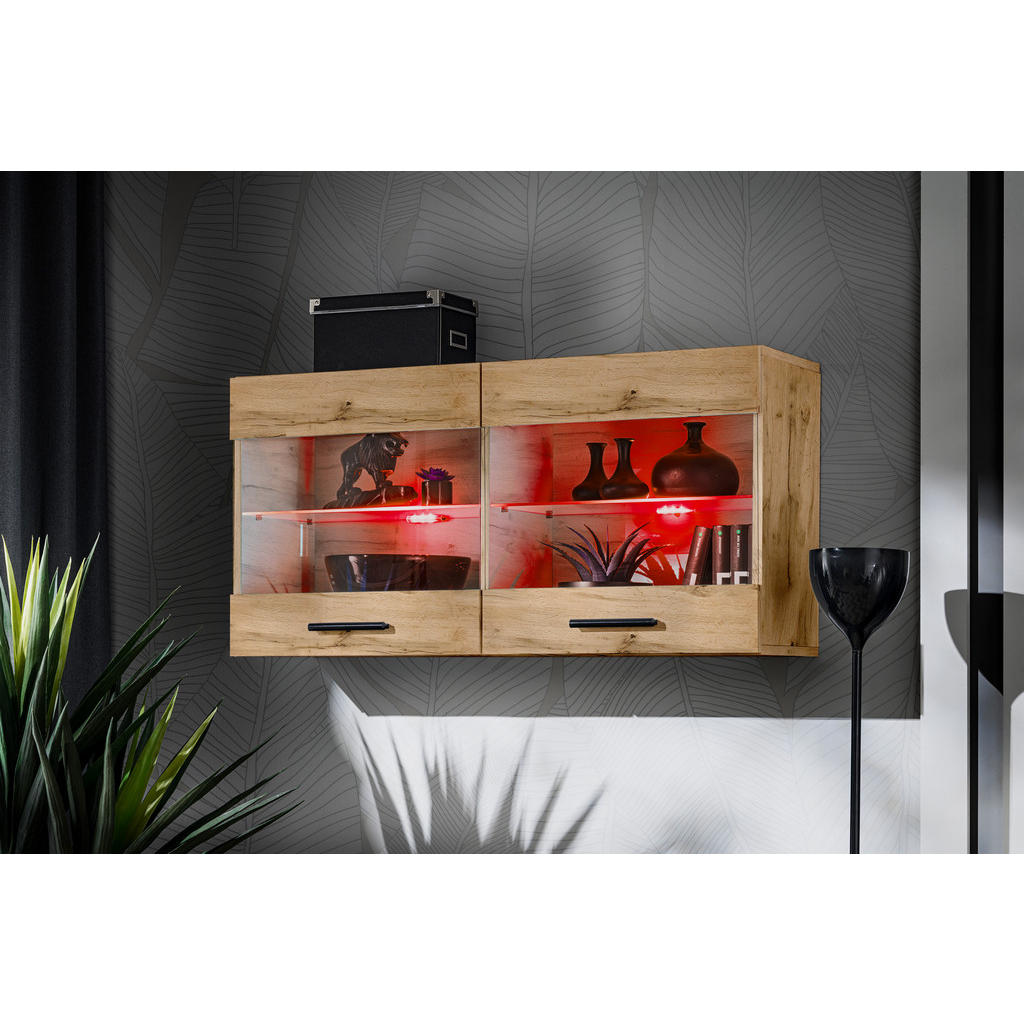 Thumbnail - Komodee Hängevitrine, Eiche Wotan, Eiche Wotan, Glas, 2 Fächer, Rechteckig, 100x50x27.2 cm, Wohnzimmer, Wohnwände, Vitri...