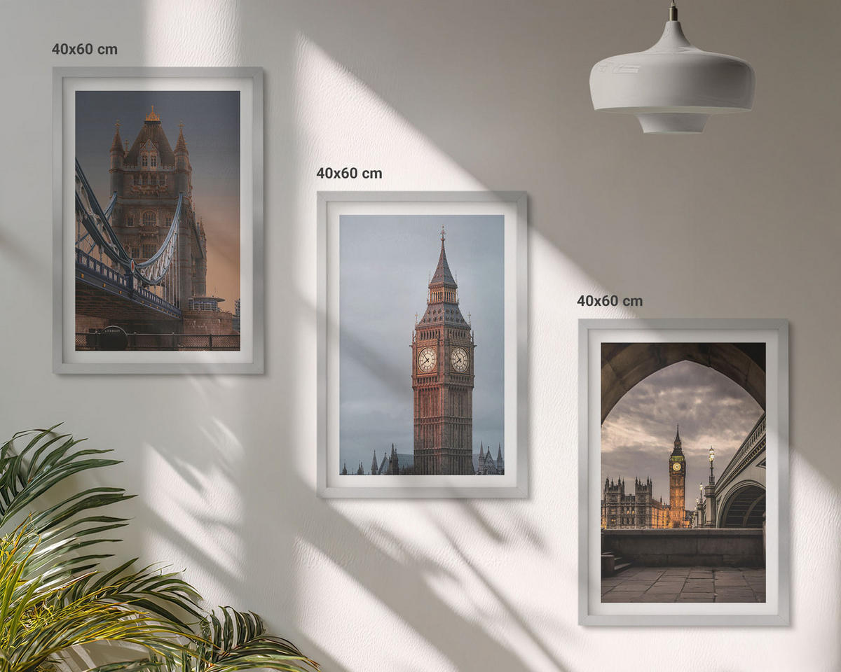 BILDER SET 3er Set - 40x60 cm Silberner Rahmen - London Bridge Big Ben Uhr - Silberfarben, Kunststoff (40/60cm) - TULUP