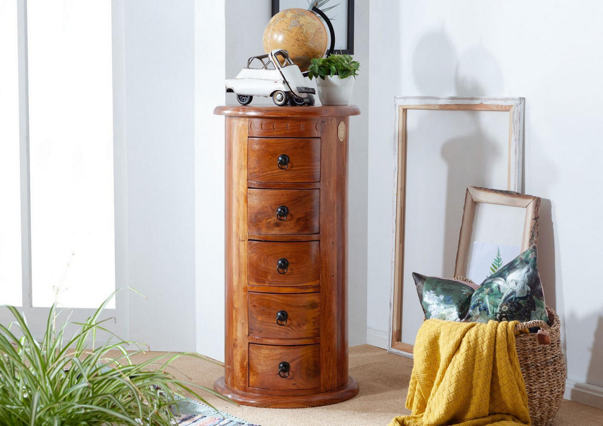 KOMMODE rund Akazie 45x45x88 honig lackiert OXFORD #0338 - Braun, Holz (45/88/45cm) - Massivmoebel24