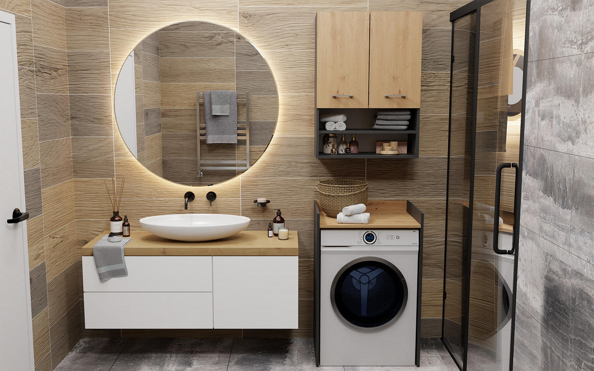 BADEZIMMERSCHRANK POLA NP für Waschmaschine - Anthrazit/Eiche Artisan, Holzwerkstoff (64/97.5/50cm) - CDF