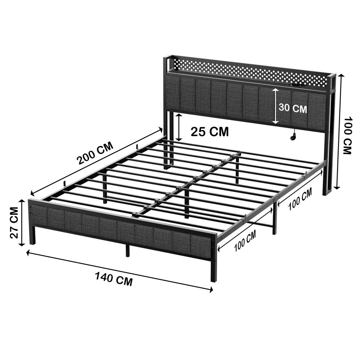 METALLBETT 140/200 mit Matratze und Gepolstertes Kopfteil Jugendbett mit LED und Steckdose, 27 cm Bodenfreiheit - Schwarz/Grau, Holzwerkstoff/Textil (140/200cm) - STILVORA