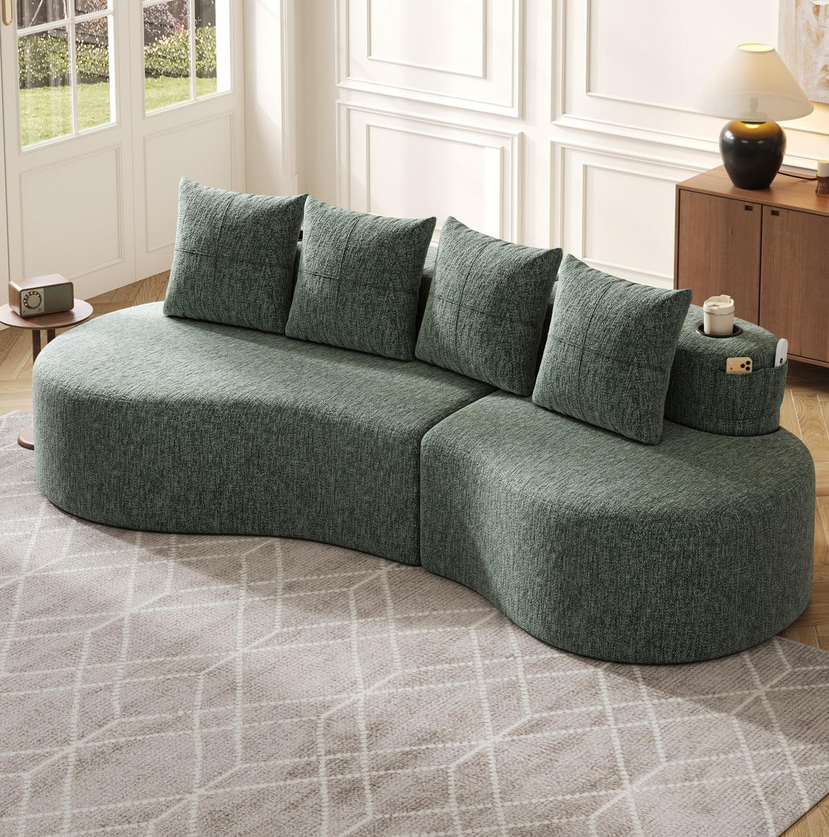 SOFA 240/109/60 cm aus Leinen mit Becherhaltern und Seitentaschen Grün - Grün, Textil (109/63/240cm) - Modenvie