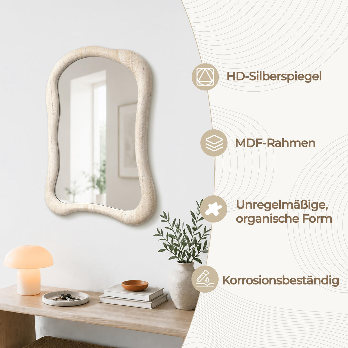 SPIEGEL unregelmäßig Rechteckig mit Holzrahmen 70×50 cm - Beige, Glas/Holz (50/3.6/70.5cm)
