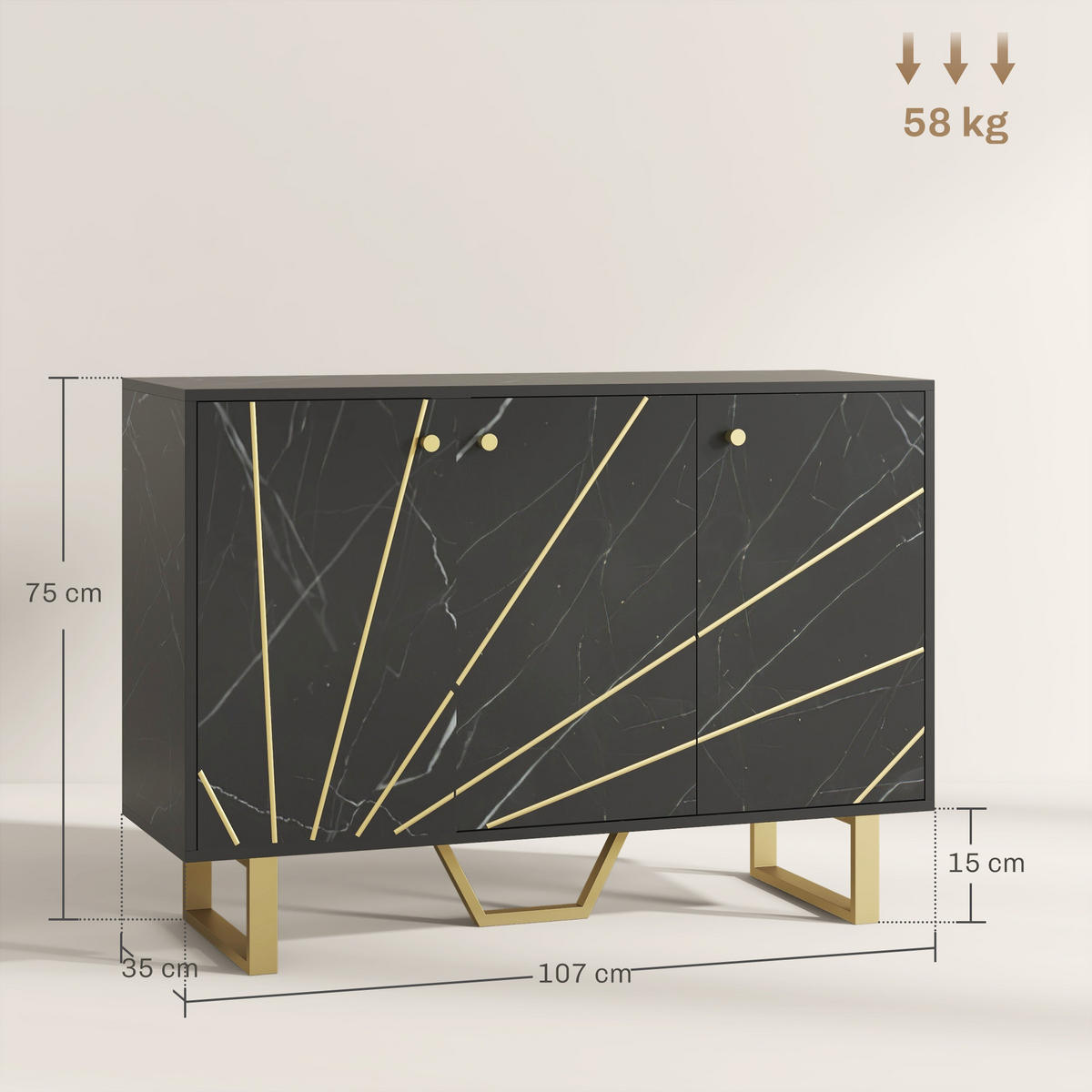 SIDEBOARD DE-11101 2 Schränke, 3 Türen & verstellbare Böden Schwarz - Schwarz, Holzwerkstoff (107/75/35cm) - ComfortXL