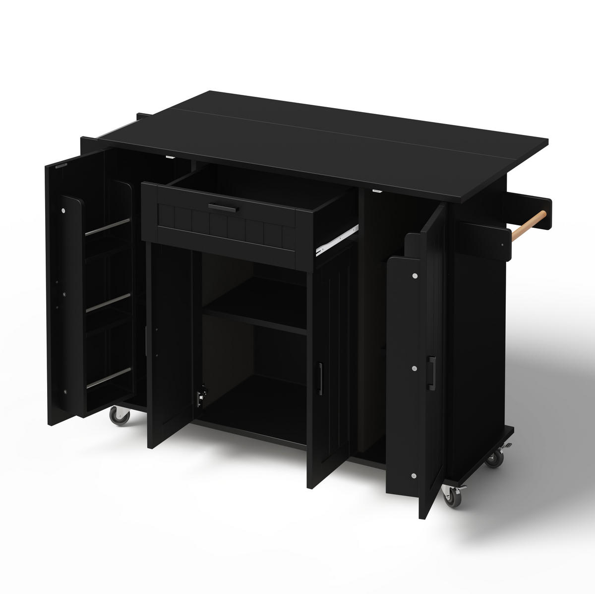 KUCHYŇSKÝ ostrůvek 120/45(70)/95 cm černý z MDF se sklápěcí deskou a kolečky - černá, kompozitní dřevo (120/95/70cm) - OKWISH