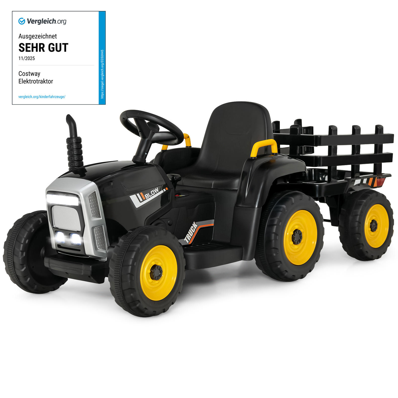 TRAKTOR 12 V 3-växlad Svart - Svart, Plast (135/53/51cm) - COSTWAY