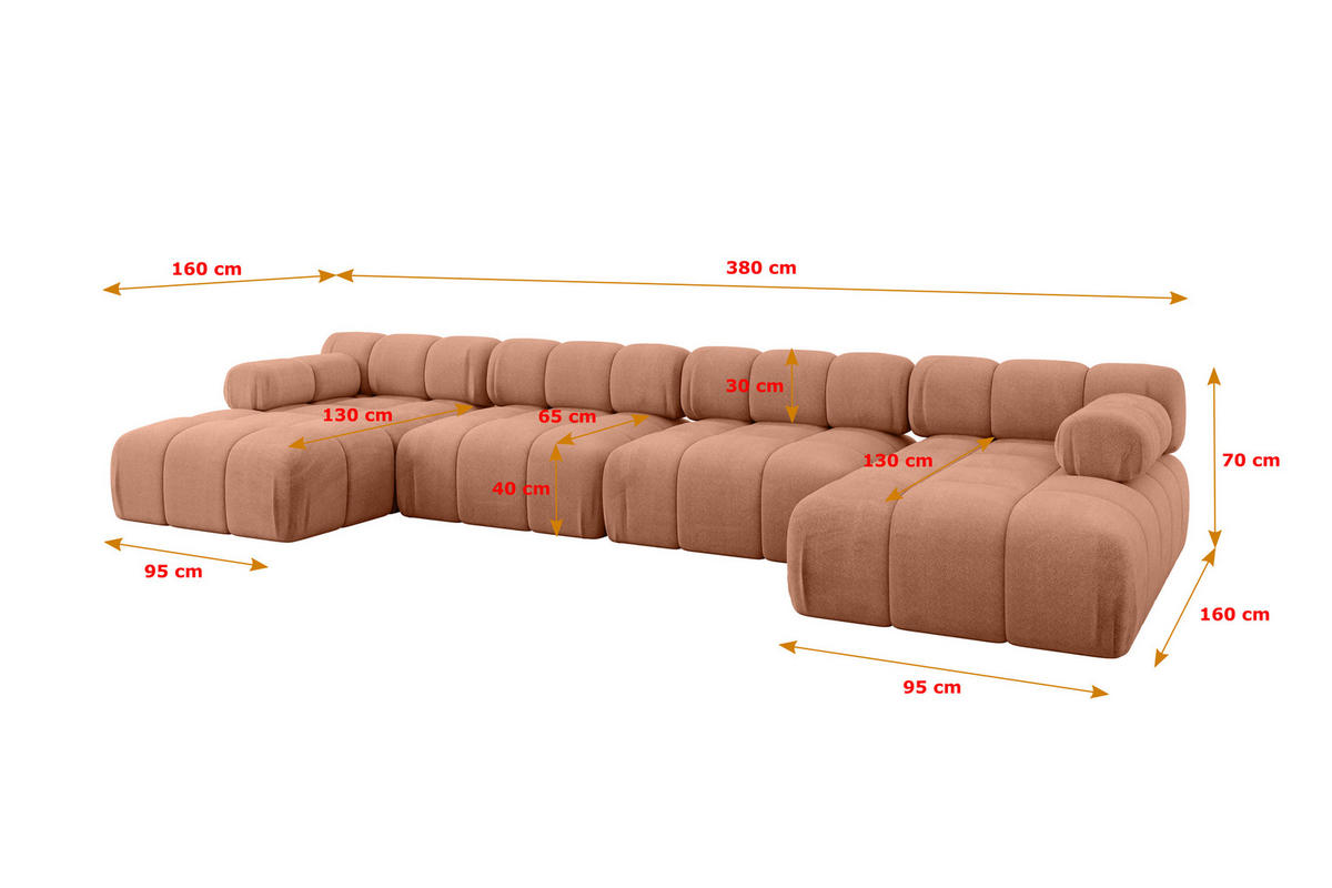 WOHNLANDSCHAFT modulares Sofa Tesso-U2 - 380x160x70 cm Apricot Velours - Koralle, Holzwerkstoff/Textil (380/70/160cm) - ALTDECOR