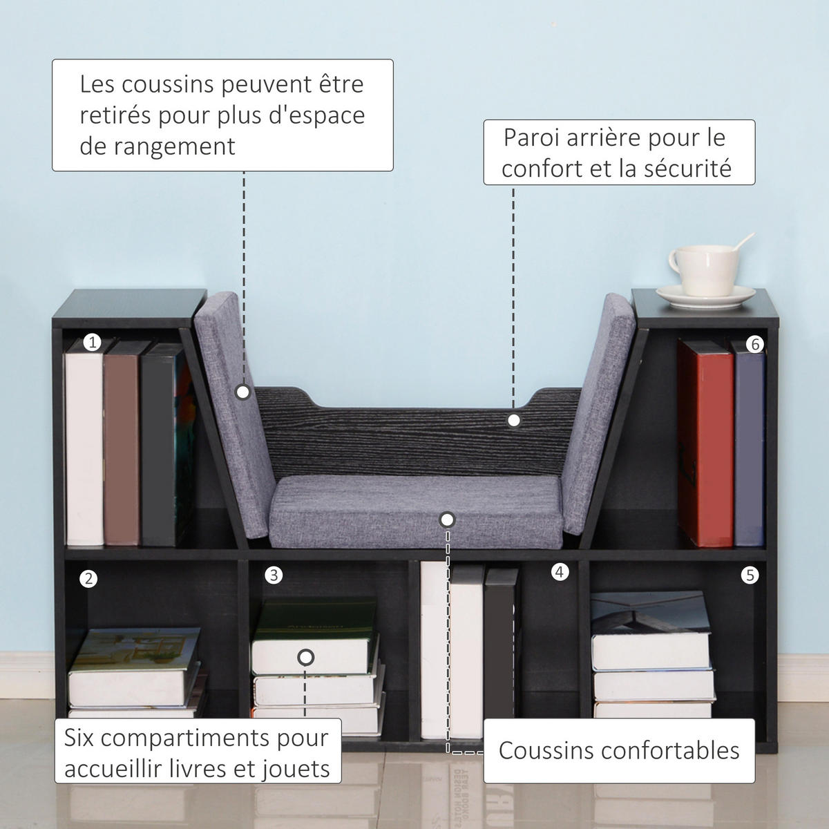 KINDERREGA DE-15481 102/30/61 cm, 6 Fächer Schwarz - Schwarz, Holzwerkstoff (102/61/30cm) - ComfortXL