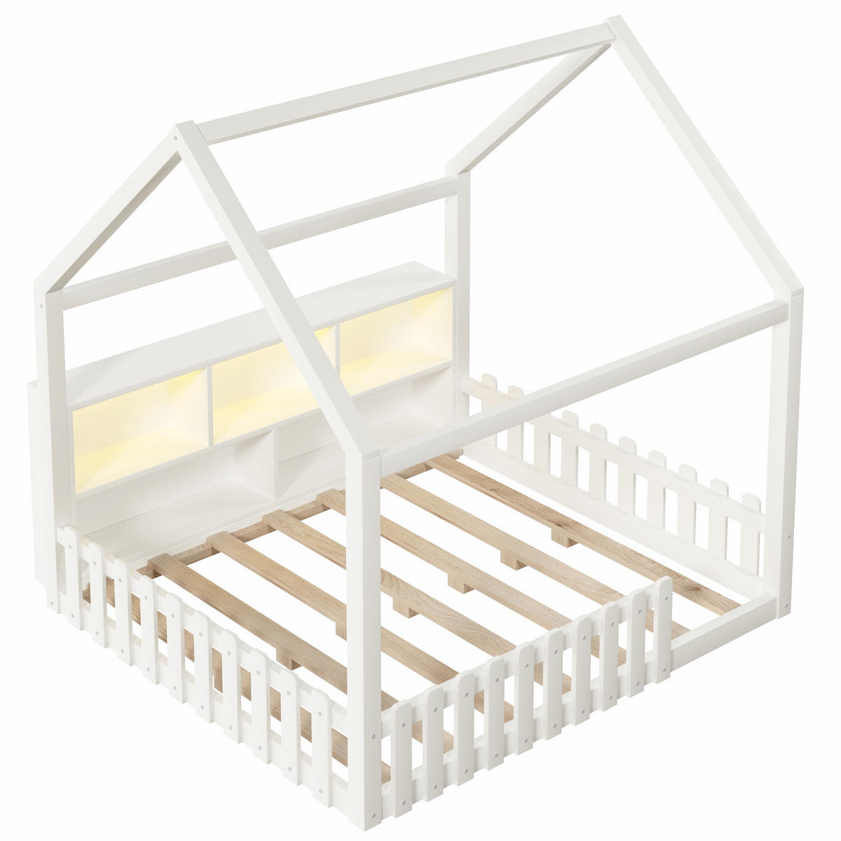 KINDERBETT 140/190 cm Weiß, mit Gitter, LED-Licht, offenen Staufächern und Hausdesign - Weiß, Holz