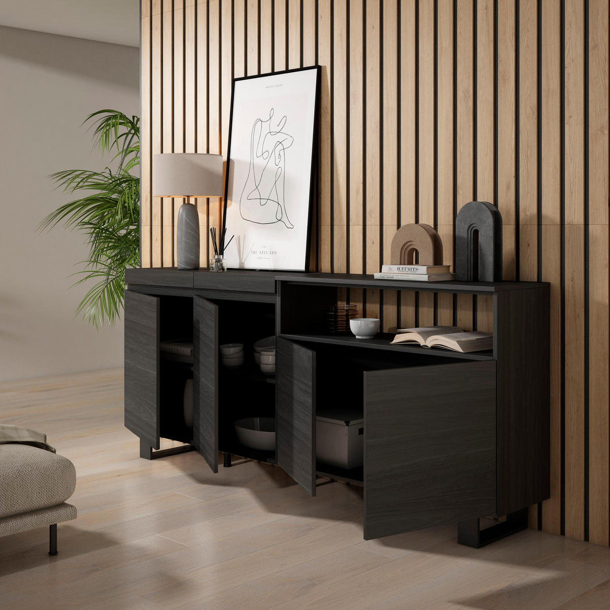 SIDEBOARD schwarz, 200/35/87cm - Schwarz, Holzwerkstoff (200/87/35cm) - Skraut Home