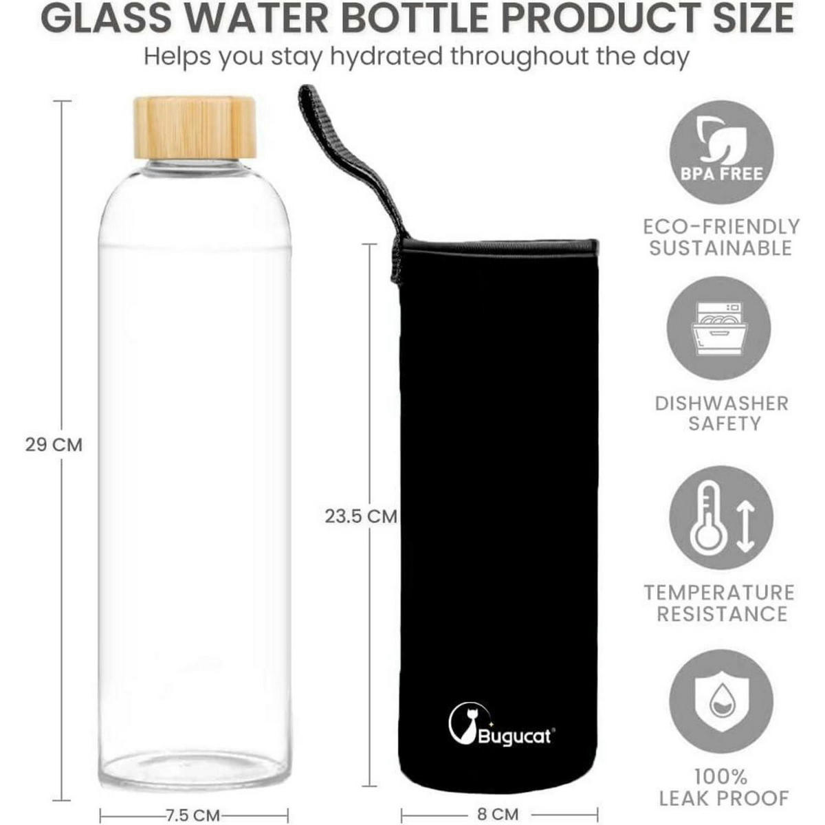 TRINKFLASCHE Glas 1L mit Schutzhülle Schwarz - Schwarz, Glas (7.5/7.5cm)