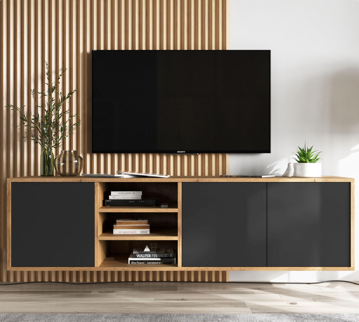 TV-LOWBOARD Apollo Eiche wotan Schwarz Matt 150 cm - Schwarz, Holzwerkstoff (150/39/35cm) - Meble Lindner
